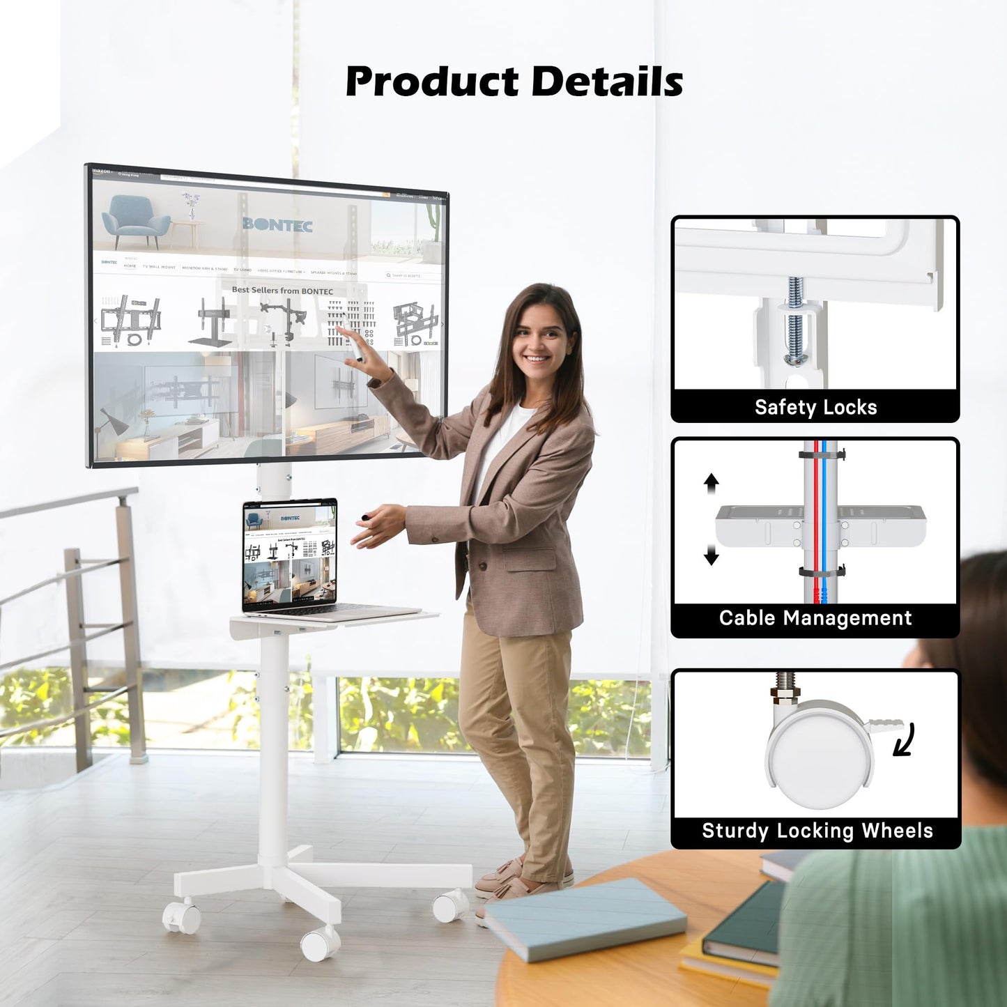 BONTEC Rolling TV Stand with Tilt, Mobile TV Cart for 32–85 Inch LED LCD Flat Curved TVs, Portable Stand with Laptop Shelf, Locking Wheels, Outdoor TV Stand Holds 132 lbs, Max VESA 600x400mm, White