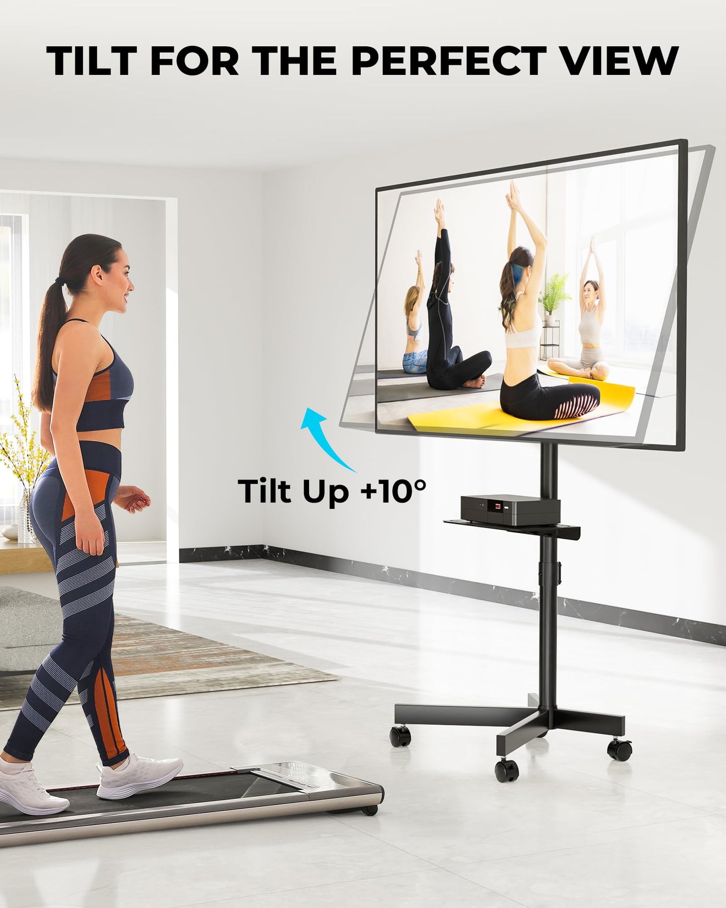 BONTEC Rolling TV Stand with Tilt, Mobile TV Cart for 32–85 Inch LED LCD Flat Curved TVs, Portable Stand with Laptop Shelf, Locking Wheels, Outdoor TV Stand Holds 132 lbs, Max VESA 600x400mm, White