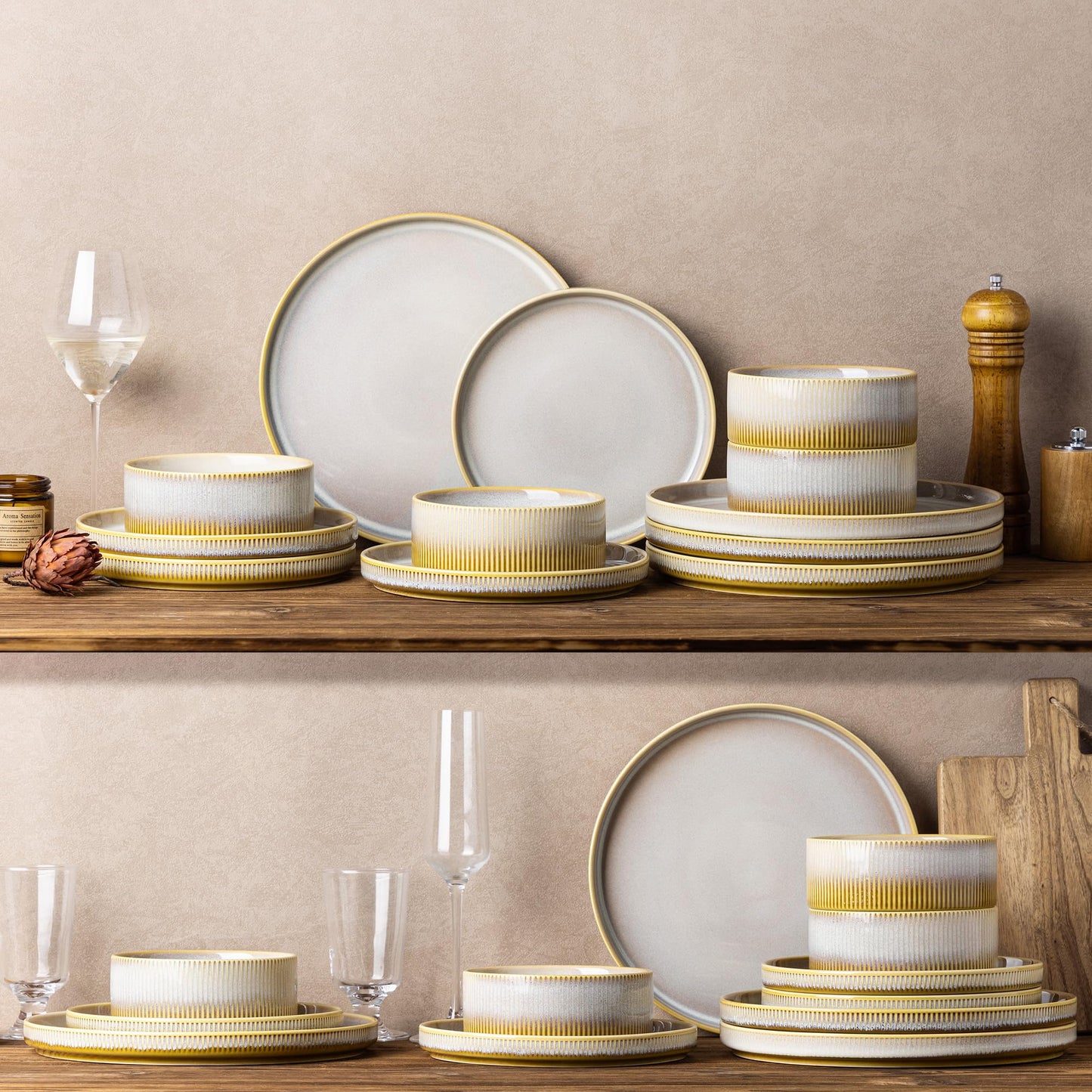 TheTerra Ceramic Dinnerware Sets for 4, 12 Pieces Porcelain Lightweight Plates and Bowls Sets, Scratch Resistant Dish Set, Oven & Microwave & Dishwasher Safe, Beige