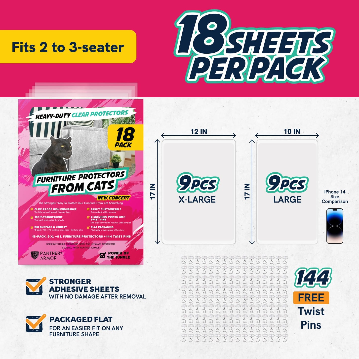 8 Pack Cat Scratch Furniture Protector Sheets – Matte Finish Couch & Sofa Guard from Cat Claws – Easy Apply, Removable, with Twist Pins (4 XL + 4 Large)