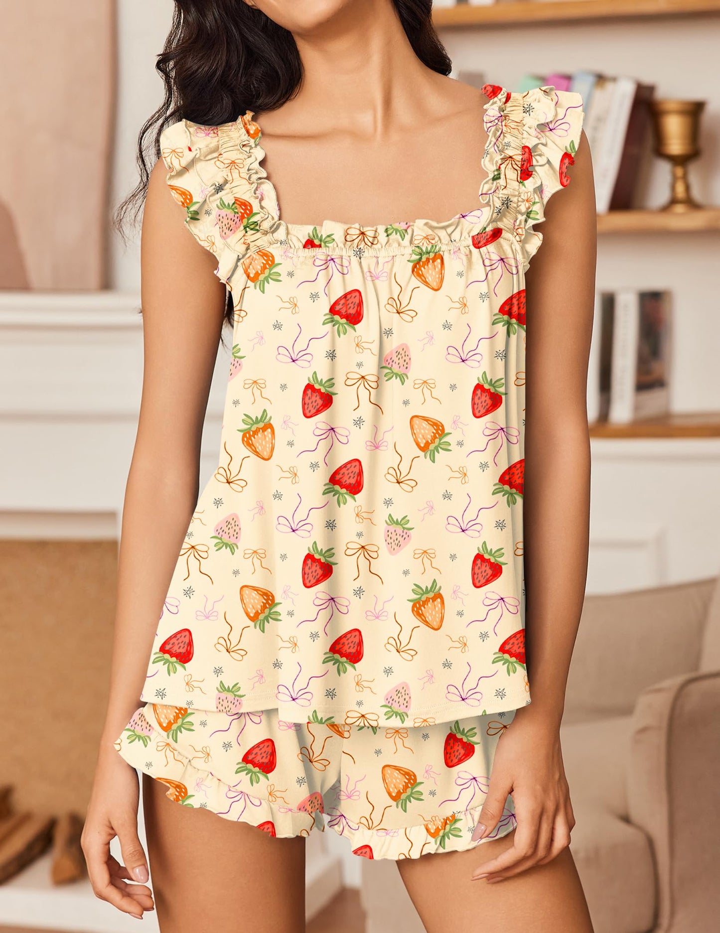 Ekouaer Pajama for Women Set 2 Piece Ruffle Pjs Soft Tank Top and Shorts Sleepwear Set Bridal Pajama Set for Women