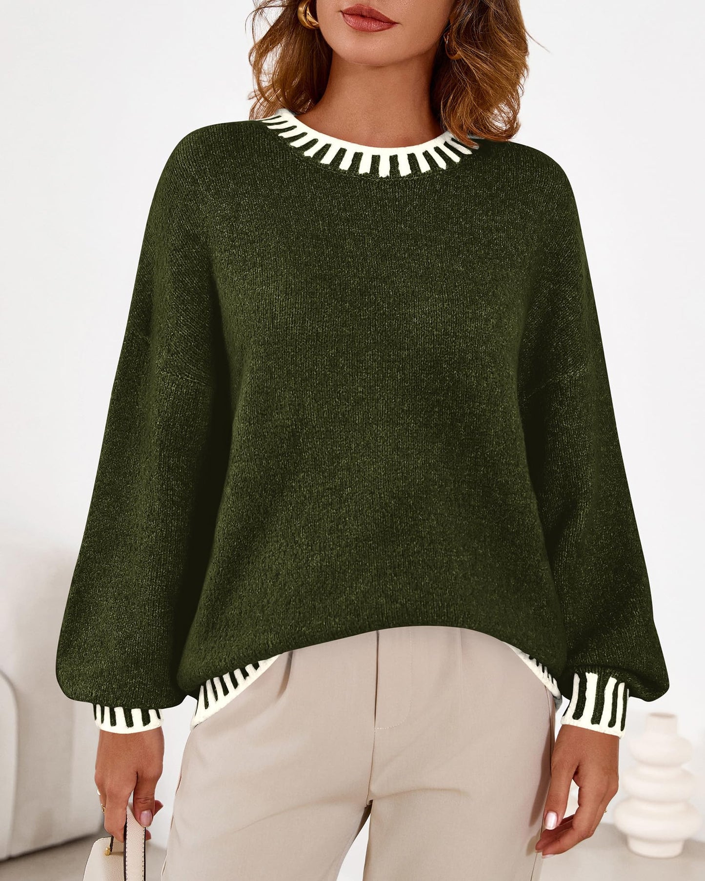 KIRUNDO Oversized Sweaters for Women 2026 Long Sleeve Crewneck Fall Tops Contrast Chunky Knit Pullover Winter Clothes