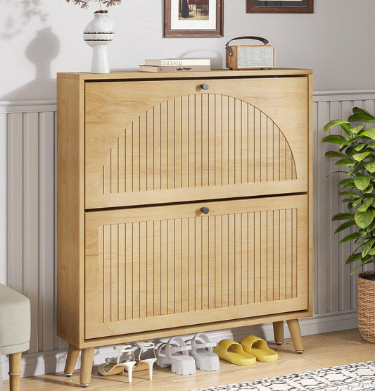Fsbecl Shoe Storage Cabinet for Entryway with 2 Flip Drawers, Narrow Wood Shoe Cabinet with Fluted Panel, Freestanding Hidden Shoe Organizer for Foyer, Hallway (Wood Color - No Shelf)