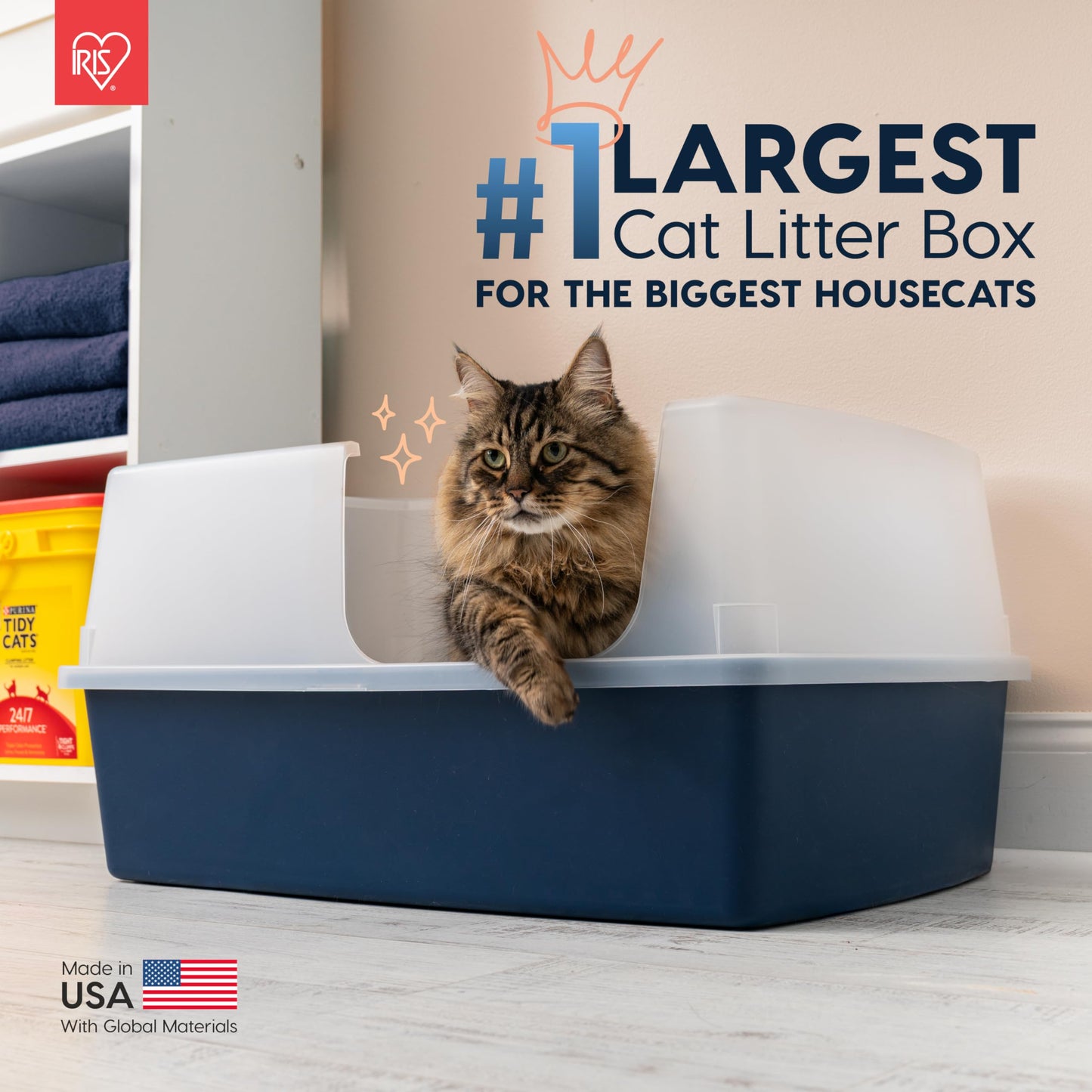 IRIS USA Extra Large Litter Box XXL Open Top High Sided Walls Scatter Shield Scoop Included Easy Clean Plastic Pan for Big Cats Multi-Cat Households 30" L x 20" W x 14" H Black