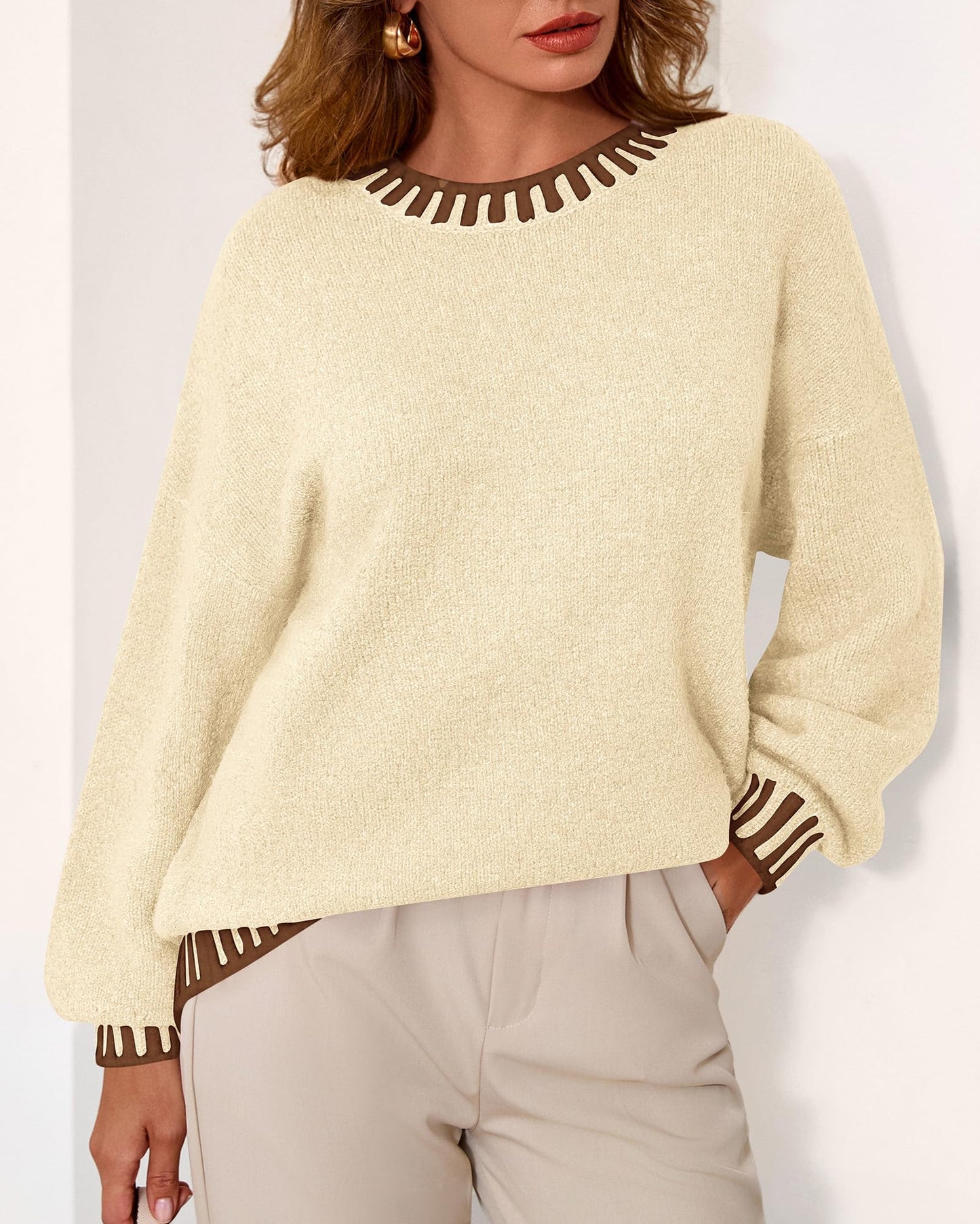 KIRUNDO Oversized Sweaters for Women 2026 Long Sleeve Crewneck Fall Tops Contrast Chunky Knit Pullover Winter Clothes
