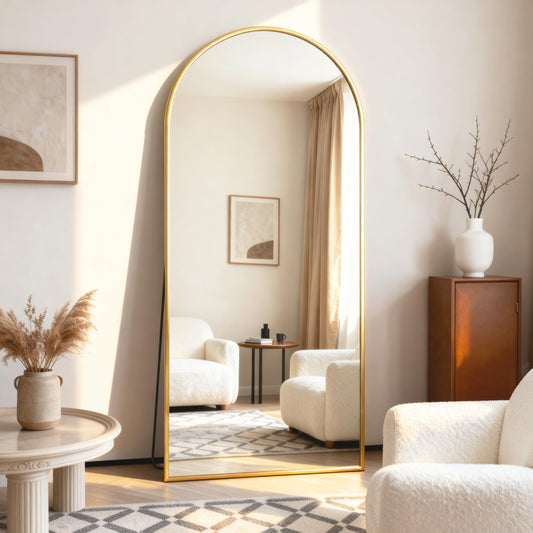 BEAUTYPEAK 65"x24" Full Length Mirror, Arch Full Body Floor Mirror, Wall Mirrors Hanging or Leaning Arched-Top with Stand for Bedroom, Dressing Room, Living Room, Gold
