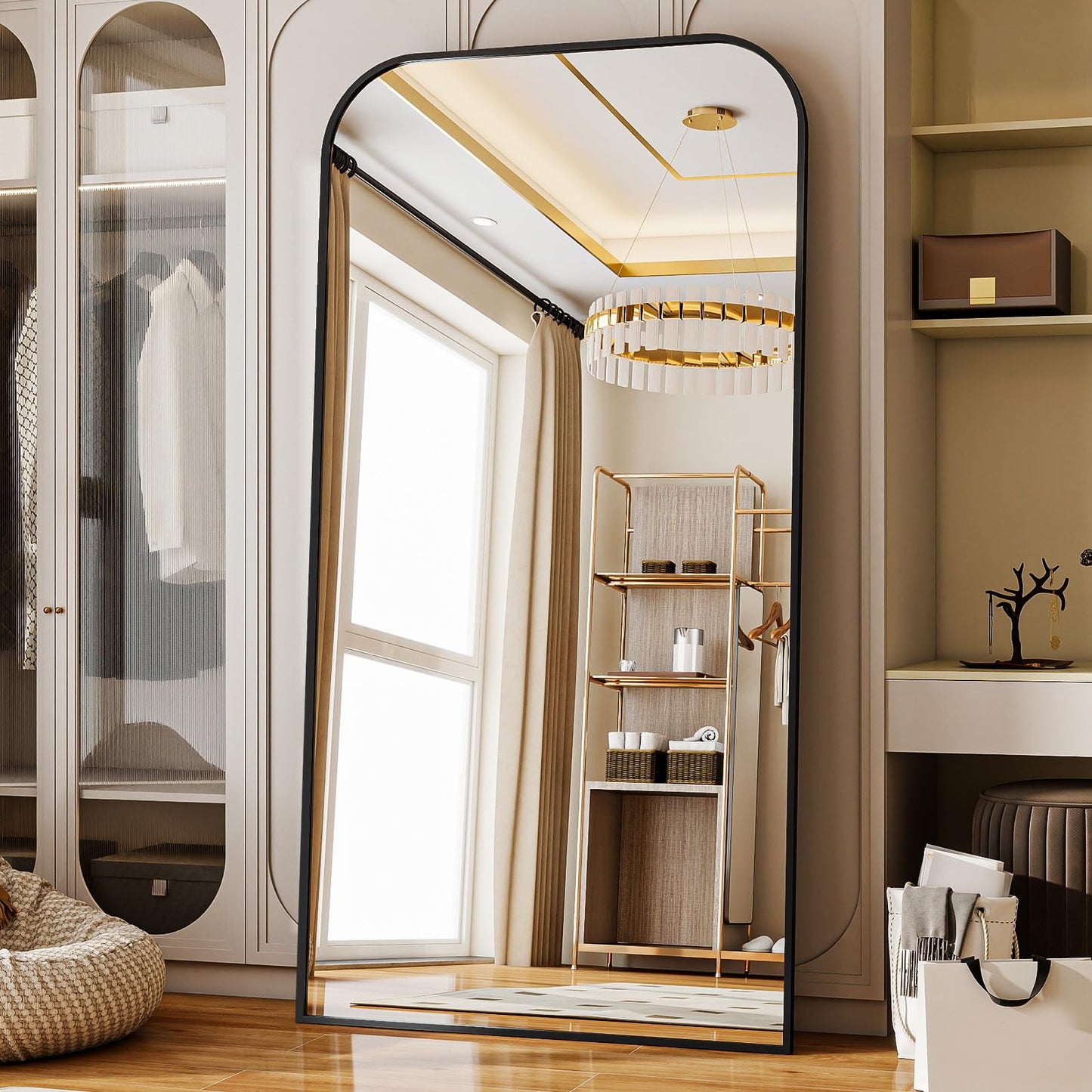 Full Length Mirror 65"x24" Arched Floor Standing Large Mirrors Full Body Mirror with Stand - with Aluminum Frame for Bedroom Living Room, Black