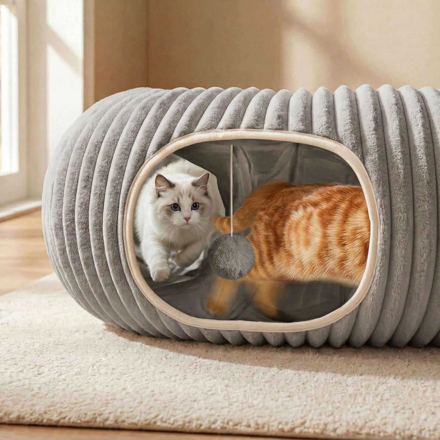 Cat Tunnel Bed with 40 Pcs Interactive Cat Toys, Cat Tube with Kitten Toys for Indoor Kittens, Collapsible Play Tunnel, White