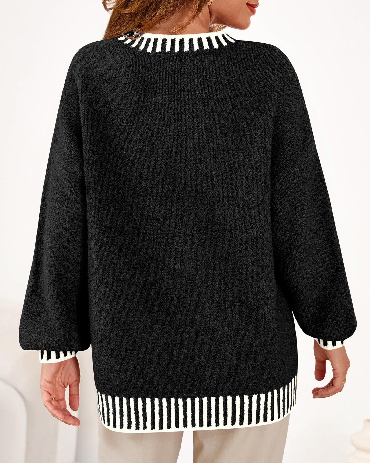 KIRUNDO Oversized Sweaters for Women 2026 Long Sleeve Crewneck Fall Tops Contrast Chunky Knit Pullover Winter Clothes