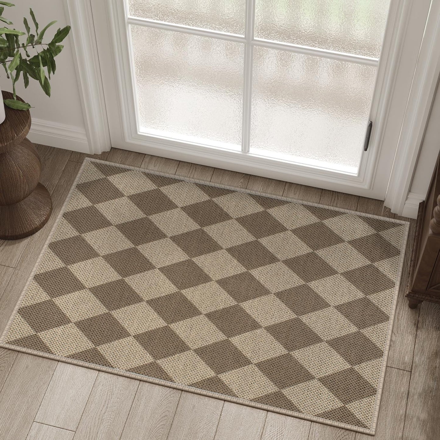 Rugalia Easy Jute Checkered Entryway Rug, 2x3 Black Modern Indoor Outdoor Doormat, Washable Non-Slip Neutral Small Kitchen Rug Farmhouse Diamond Throw Rugs for Entrance Bedroom Bathroom