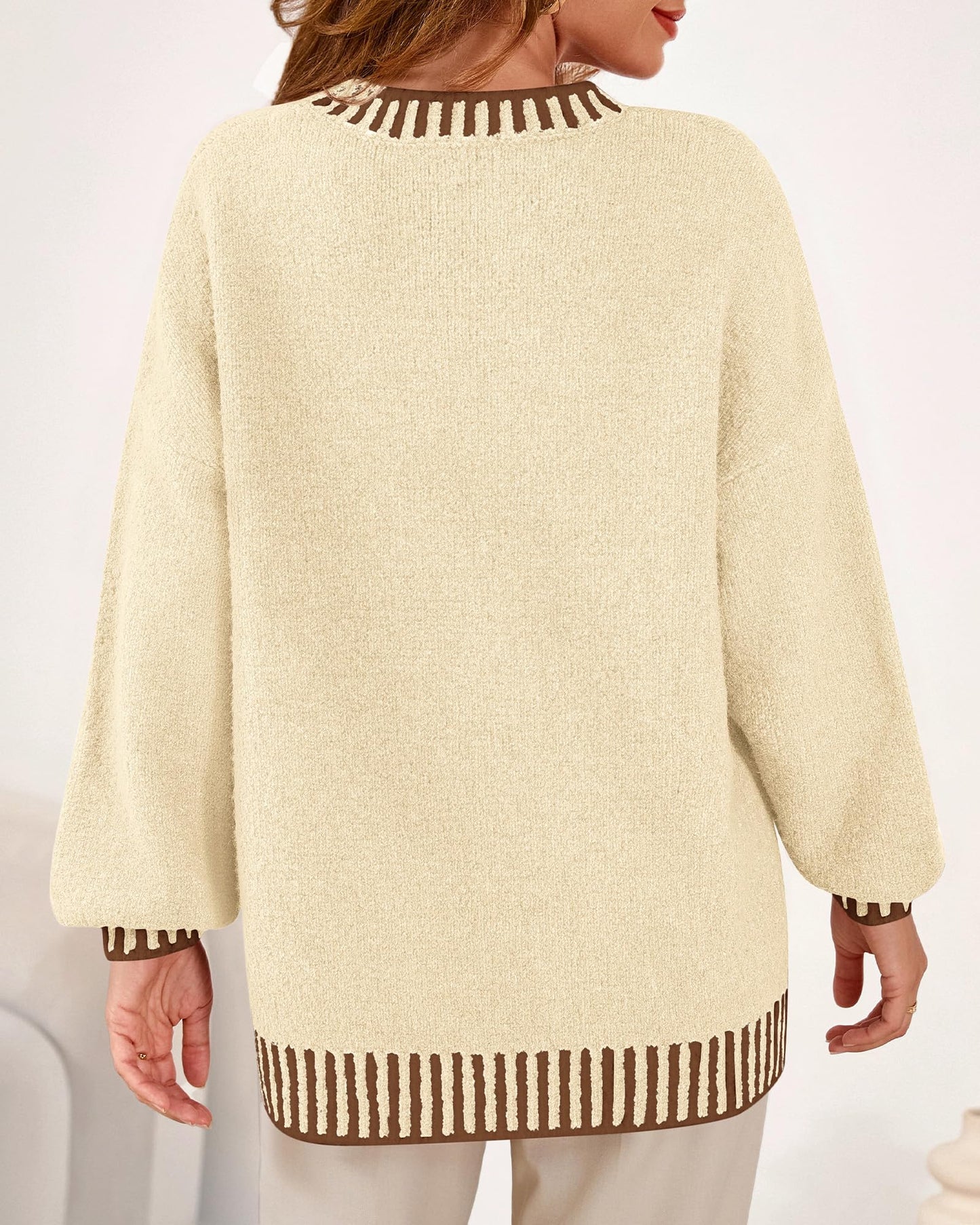 KIRUNDO Oversized Sweaters for Women 2026 Long Sleeve Crewneck Fall Tops Contrast Chunky Knit Pullover Winter Clothes