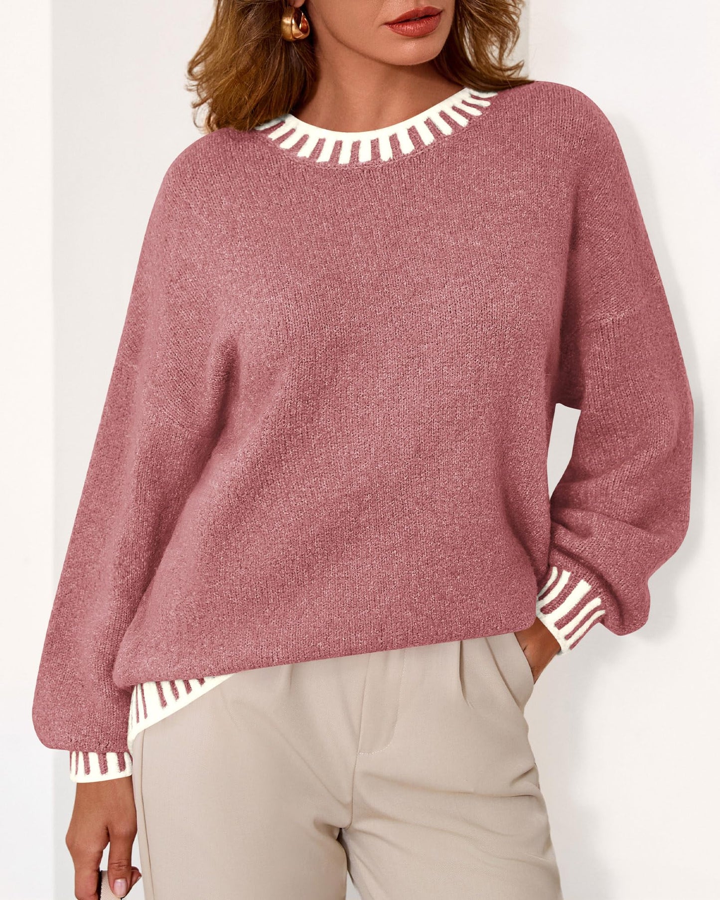 KIRUNDO Oversized Sweaters for Women 2026 Long Sleeve Crewneck Fall Tops Contrast Chunky Knit Pullover Winter Clothes