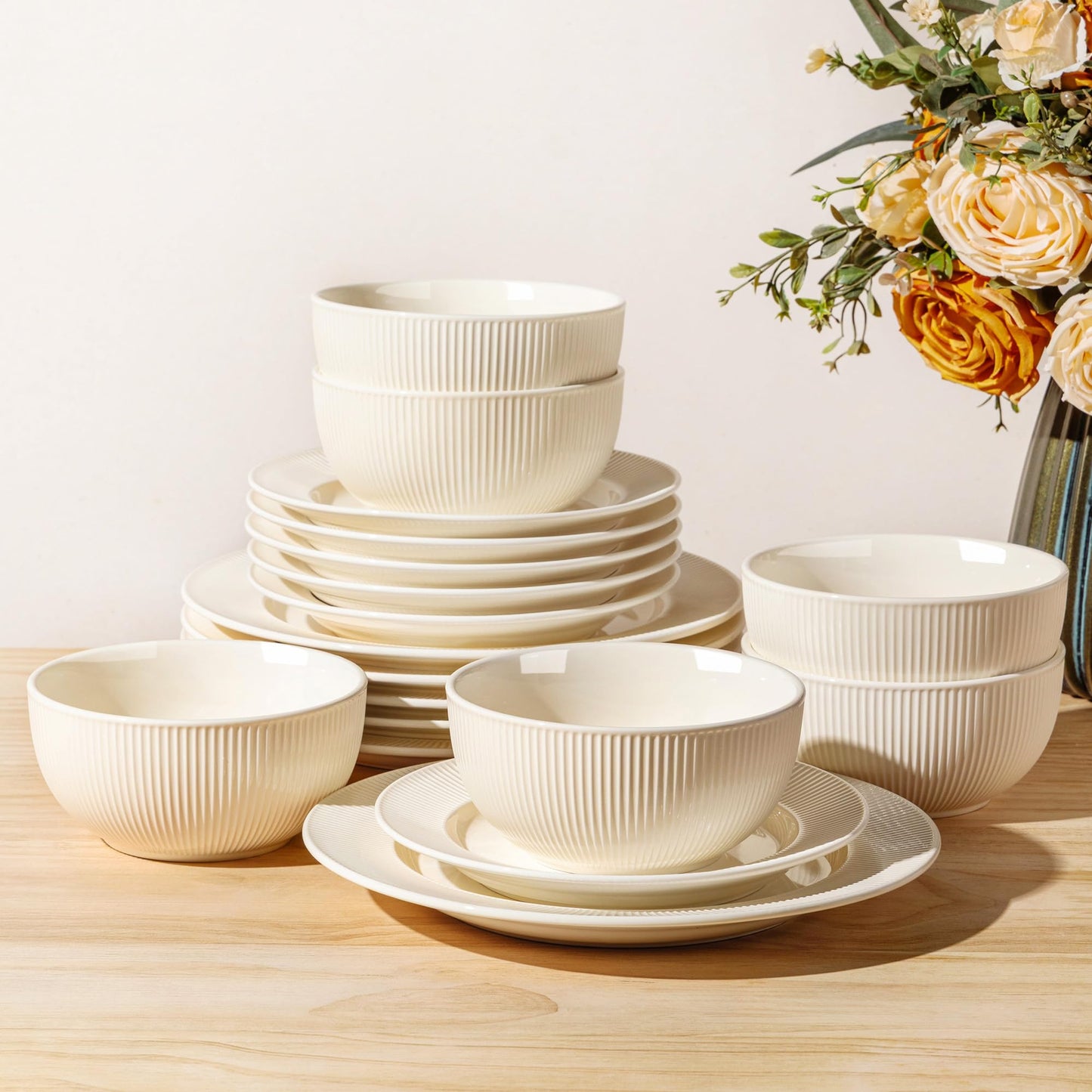 TheTerra Ceramic Dinnerware Sets for 4, 12 Pieces Porcelain Lightweight Plates and Bowls Sets, Scratch Resistant Dish Set, Oven & Microwave & Dishwasher Safe, Beige