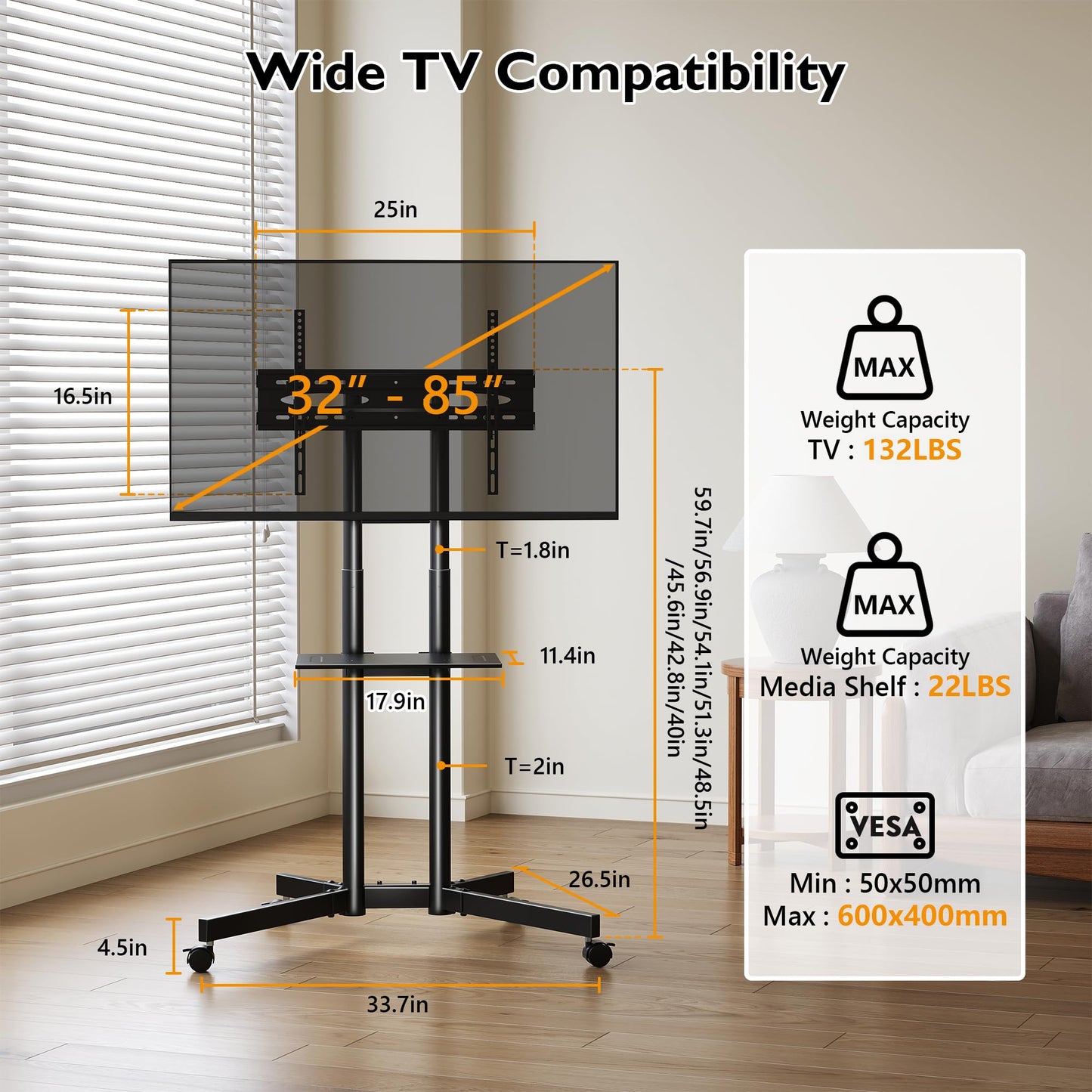 BONTEC Rolling TV Stand with Tilt, Mobile TV Cart for 32–85 Inch LED LCD Flat Curved TVs, Portable Stand with Laptop Shelf, Locking Wheels, Outdoor TV Stand Holds 132 lbs, Max VESA 600x400mm, White
