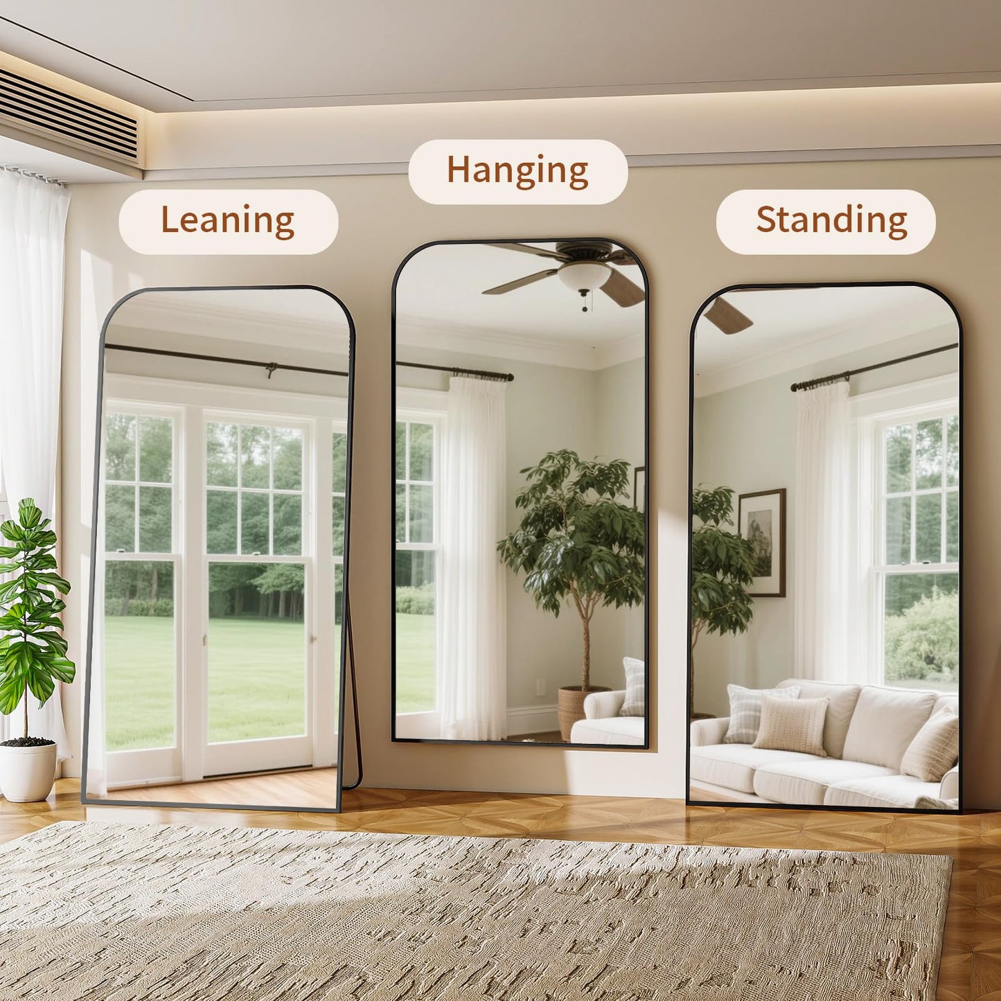 Full Length Mirror 65"x24" Arched Floor Standing Large Mirrors Full Body Mirror with Stand - with Aluminum Frame for Bedroom Living Room, Black