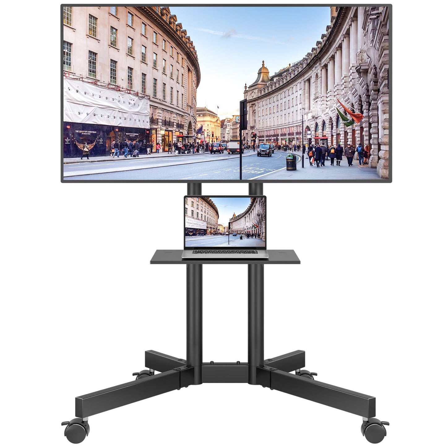 BONTEC Rolling TV Stand with Tilt, Mobile TV Cart for 32–85 Inch LED LCD Flat Curved TVs, Portable Stand with Laptop Shelf, Locking Wheels, Outdoor TV Stand Holds 132 lbs, Max VESA 600x400mm, White