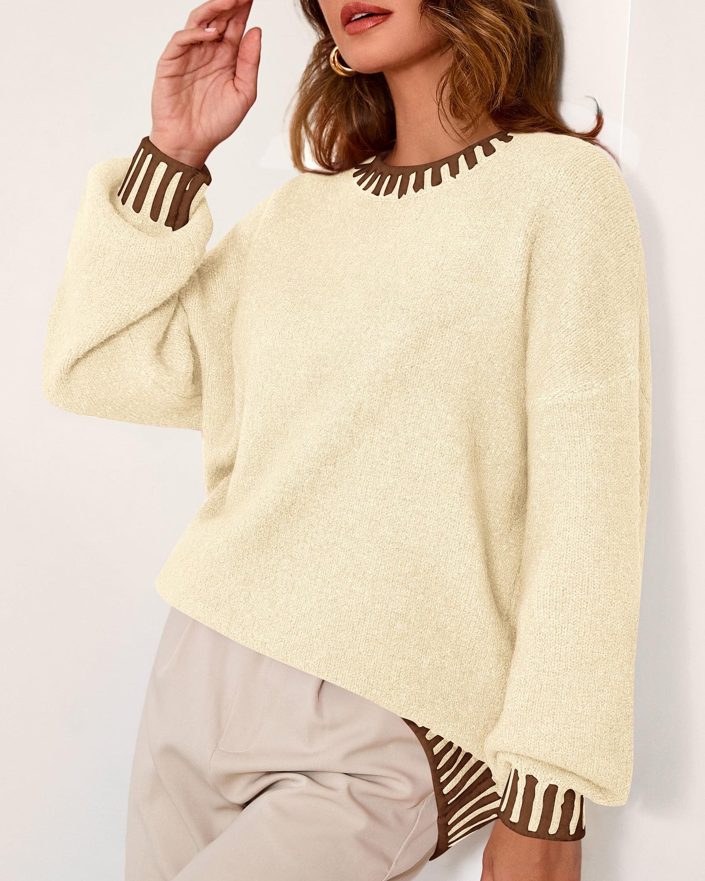 KIRUNDO Oversized Sweaters for Women 2026 Long Sleeve Crewneck Fall Tops Contrast Chunky Knit Pullover Winter Clothes
