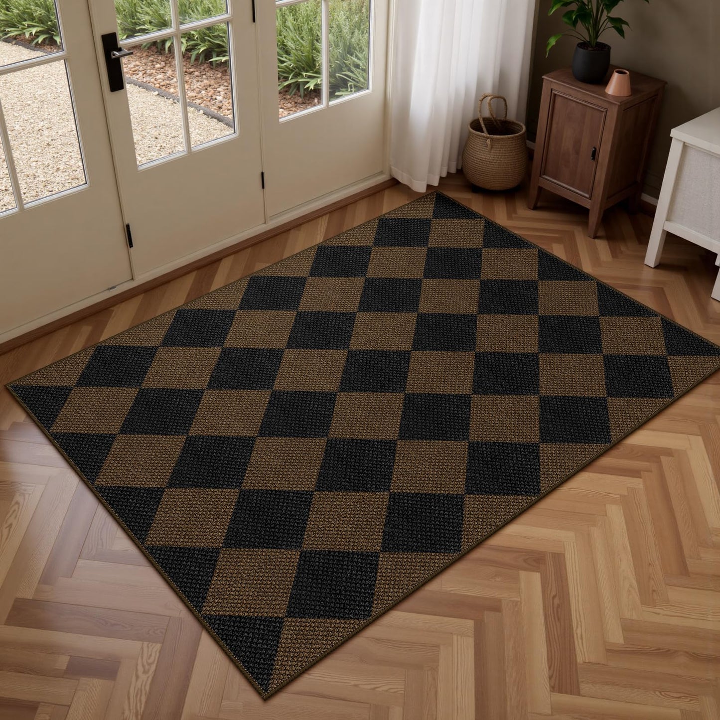 Rugalia Easy Jute Checkered Entryway Rug, 2x3 Black Modern Indoor Outdoor Doormat, Washable Non-Slip Neutral Small Kitchen Rug Farmhouse Diamond Throw Rugs for Entrance Bedroom Bathroom