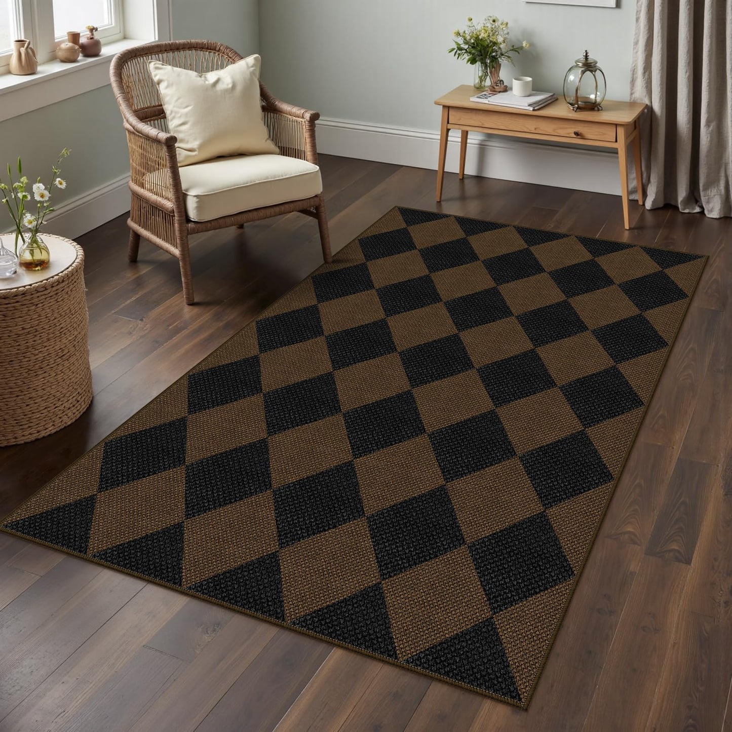 Rugalia Easy Jute Checkered Entryway Rug, 2x3 Black Modern Indoor Outdoor Doormat, Washable Non-Slip Neutral Small Kitchen Rug Farmhouse Diamond Throw Rugs for Entrance Bedroom Bathroom