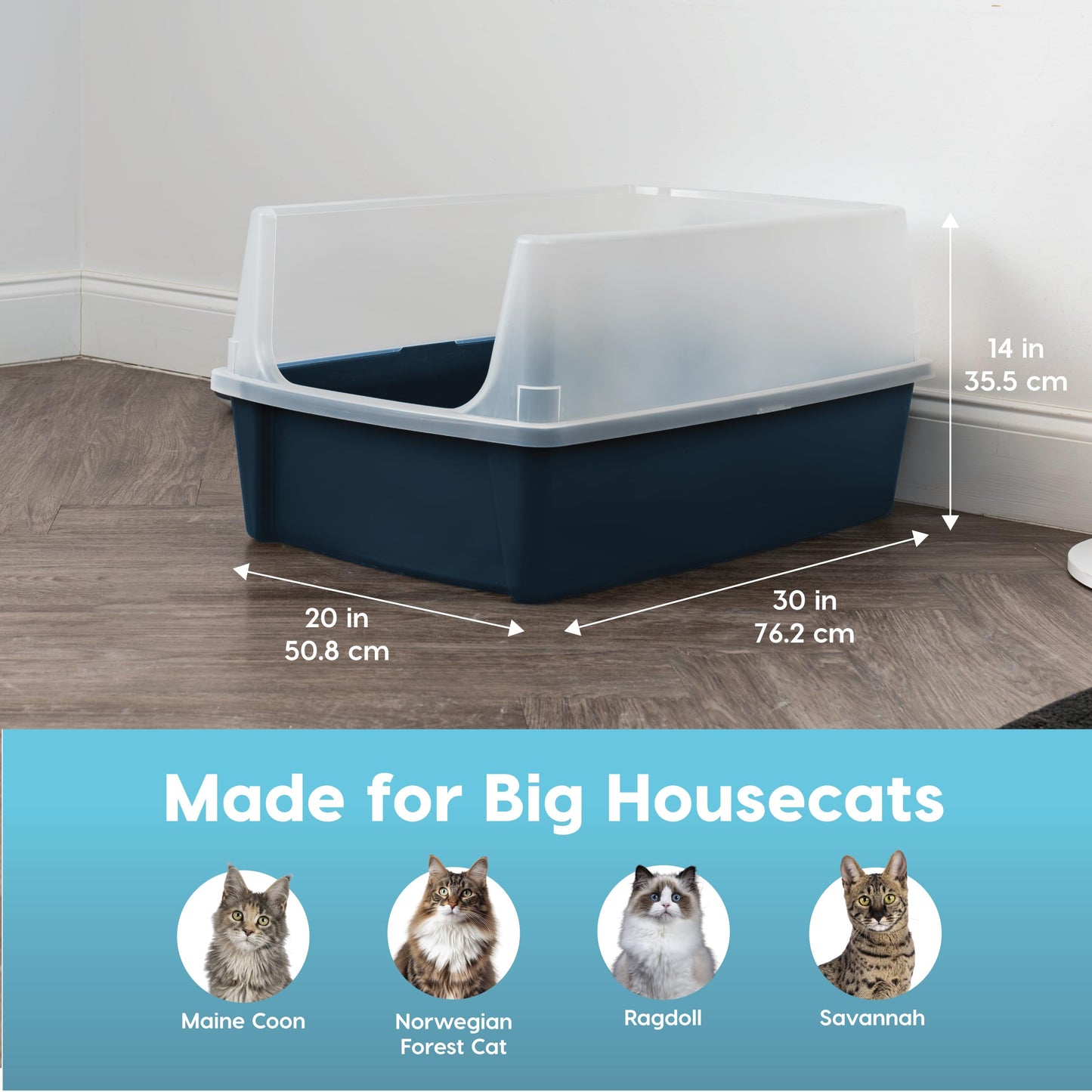 IRIS USA Extra Large Litter Box XXL Open Top High Sided Walls Scatter Shield Scoop Included Easy Clean Plastic Pan for Big Cats Multi-Cat Households 30" L x 20" W x 14" H Black