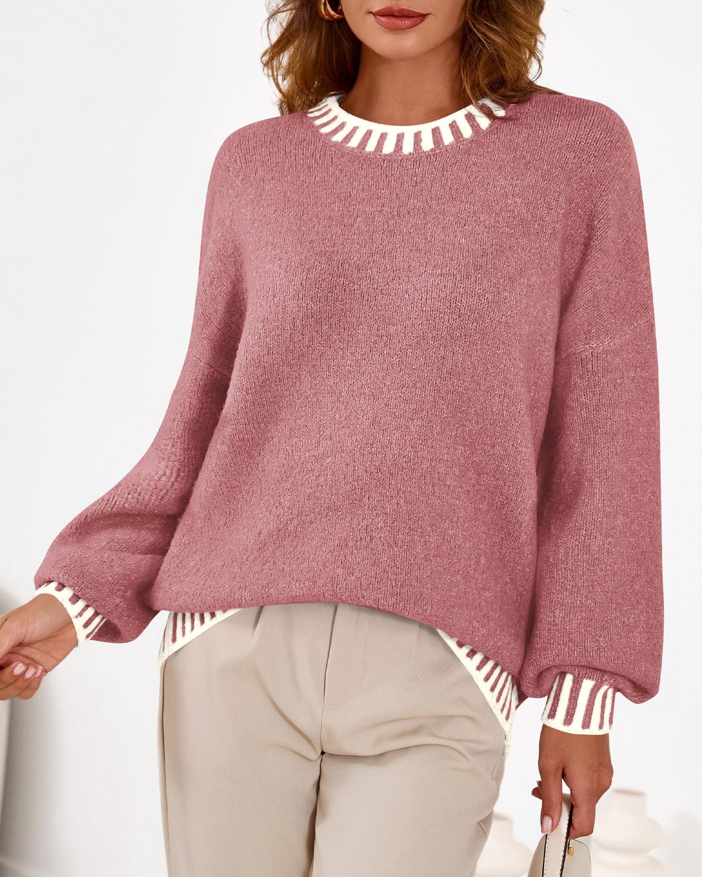 KIRUNDO Oversized Sweaters for Women 2026 Long Sleeve Crewneck Fall Tops Contrast Chunky Knit Pullover Winter Clothes