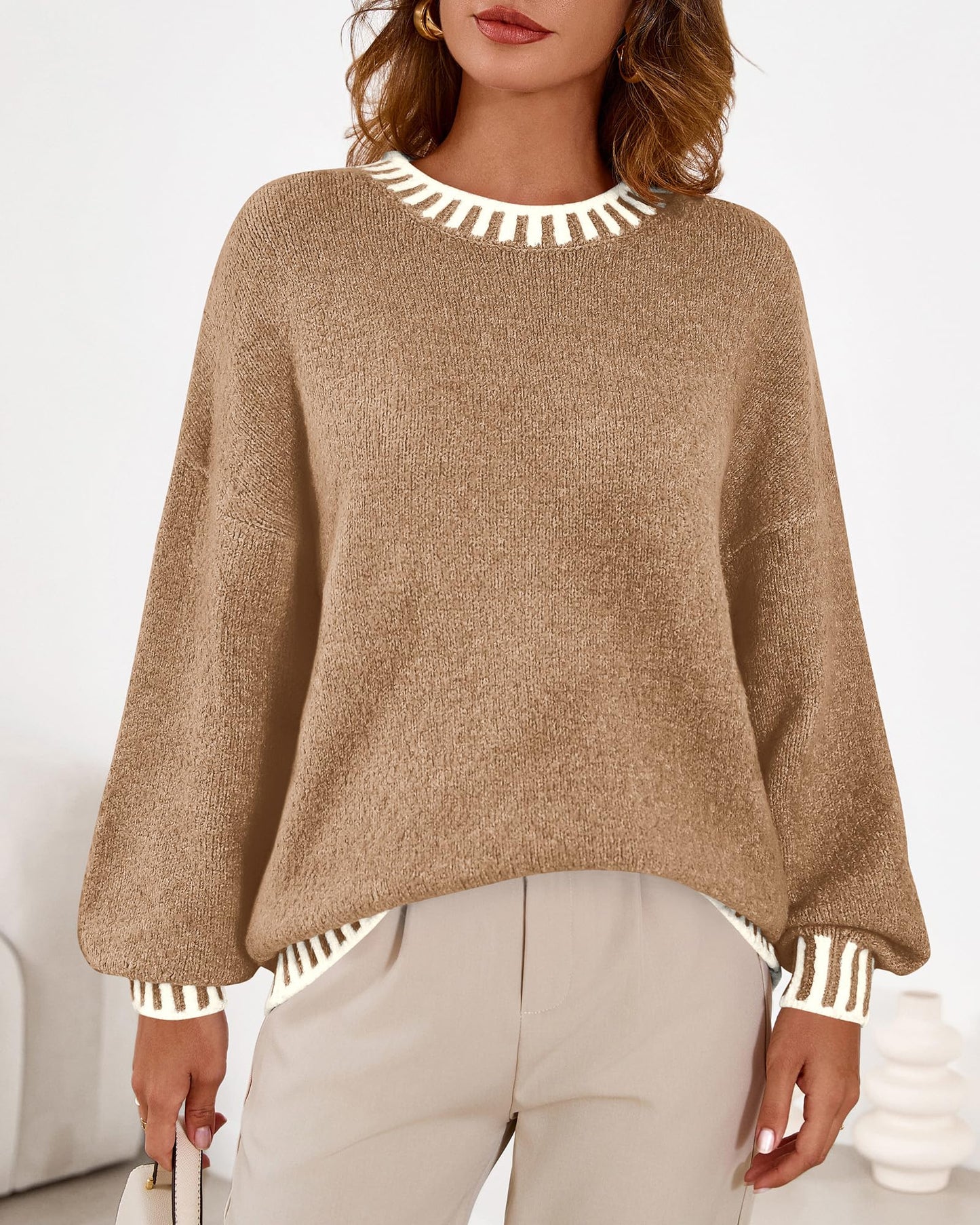 KIRUNDO Oversized Sweaters for Women 2026 Long Sleeve Crewneck Fall Tops Contrast Chunky Knit Pullover Winter Clothes