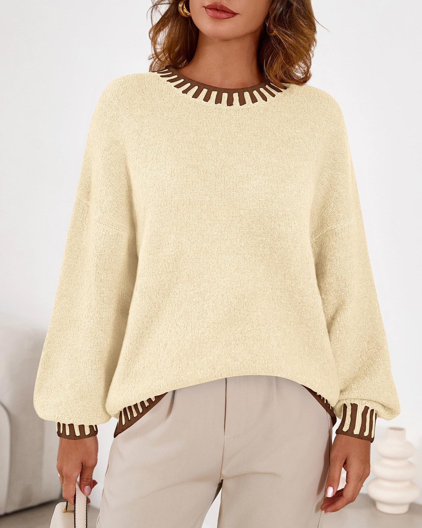 KIRUNDO Oversized Sweaters for Women 2026 Long Sleeve Crewneck Fall Tops Contrast Chunky Knit Pullover Winter Clothes