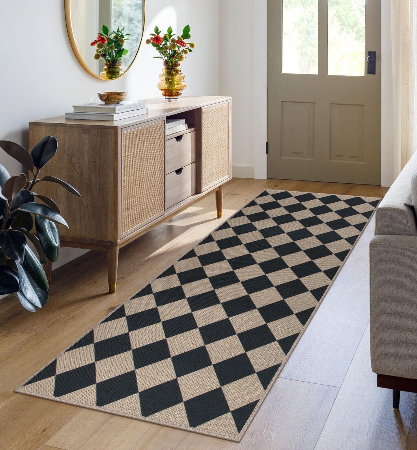 Rugalia Easy Jute Checkered Entryway Rug, 2x3 Black Modern Indoor Outdoor Doormat, Washable Non-Slip Neutral Small Kitchen Rug Farmhouse Diamond Throw Rugs for Entrance Bedroom Bathroom