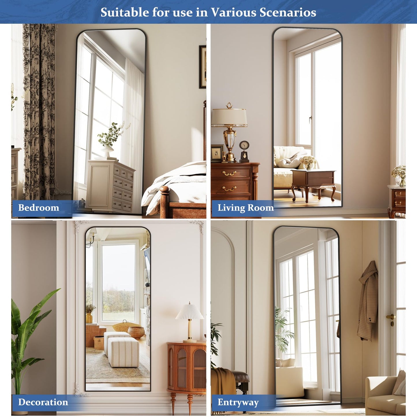 Full Length Mirror 65"x24" Arched Floor Standing Large Mirrors Full Body Mirror with Stand - with Aluminum Frame for Bedroom Living Room, Black