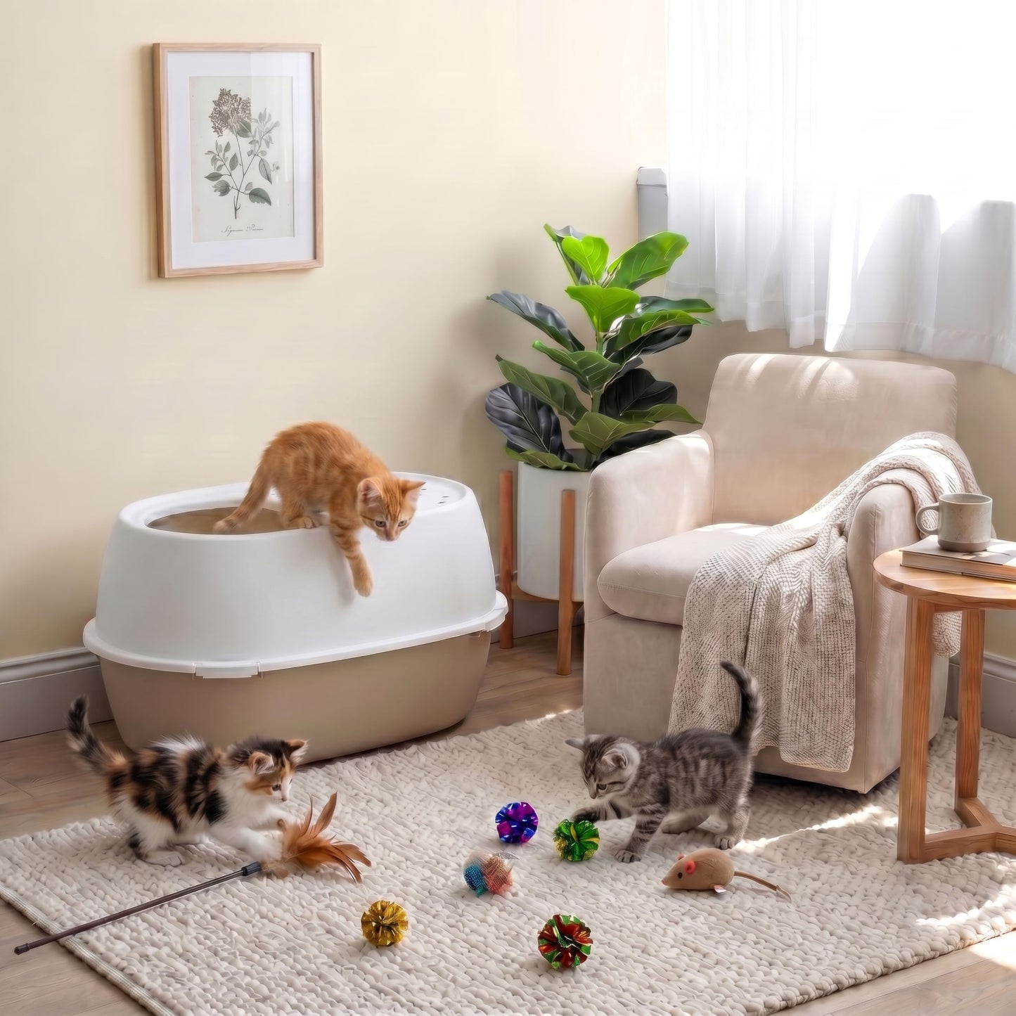 IRIS USA Extra Large Litter Box XXL Open Top High Sided Walls Scatter Shield Scoop Included Easy Clean Plastic Pan for Big Cats Multi-Cat Households 30" L x 20" W x 14" H Black