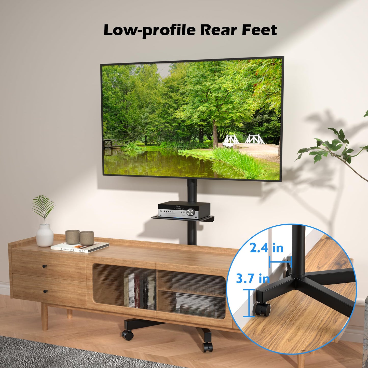 BONTEC Rolling TV Stand with Tilt, Mobile TV Cart for 32–85 Inch LED LCD Flat Curved TVs, Portable Stand with Laptop Shelf, Locking Wheels, Outdoor TV Stand Holds 132 lbs, Max VESA 600x400mm, White