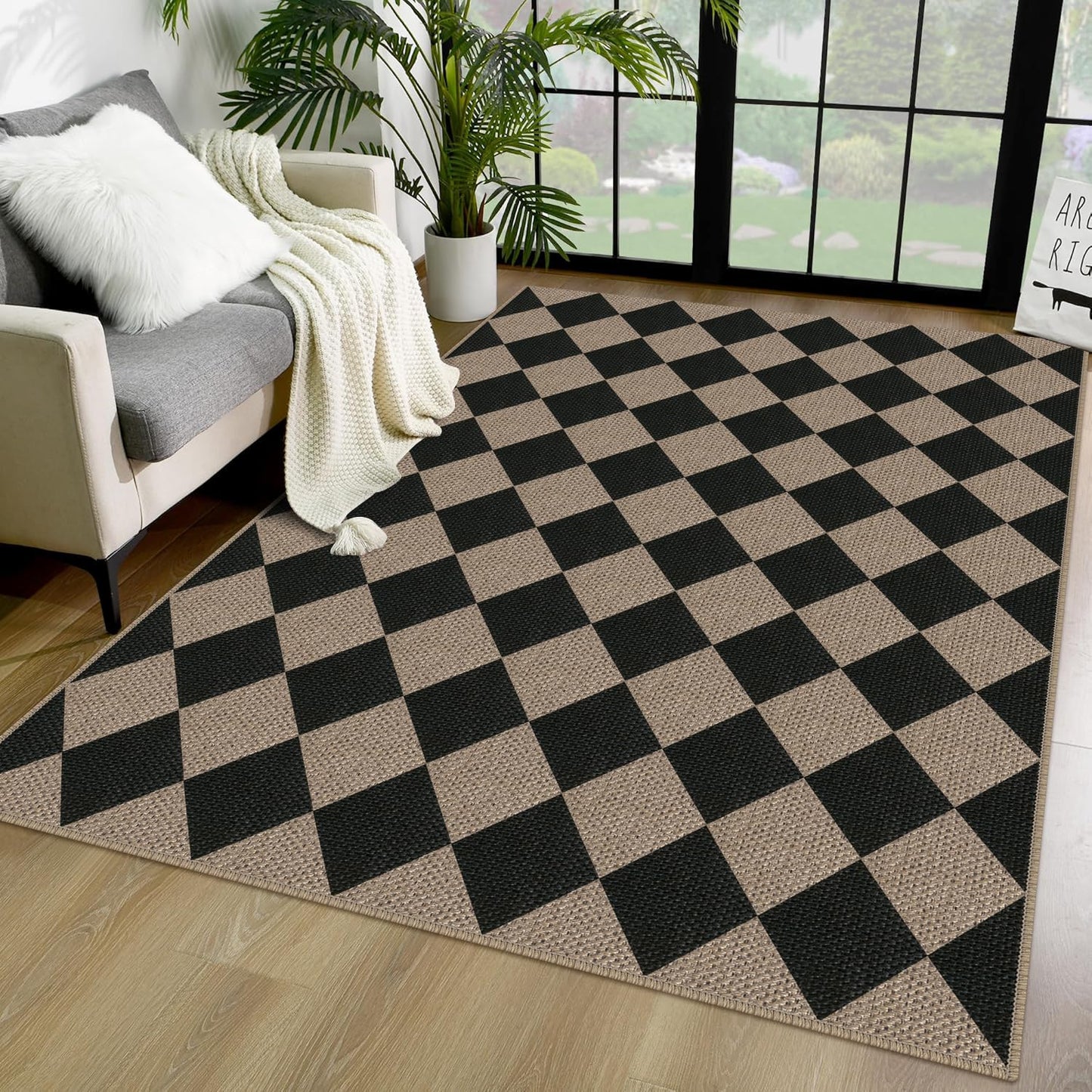 Rugalia Easy Jute Checkered Entryway Rug, 2x3 Black Modern Indoor Outdoor Doormat, Washable Non-Slip Neutral Small Kitchen Rug Farmhouse Diamond Throw Rugs for Entrance Bedroom Bathroom