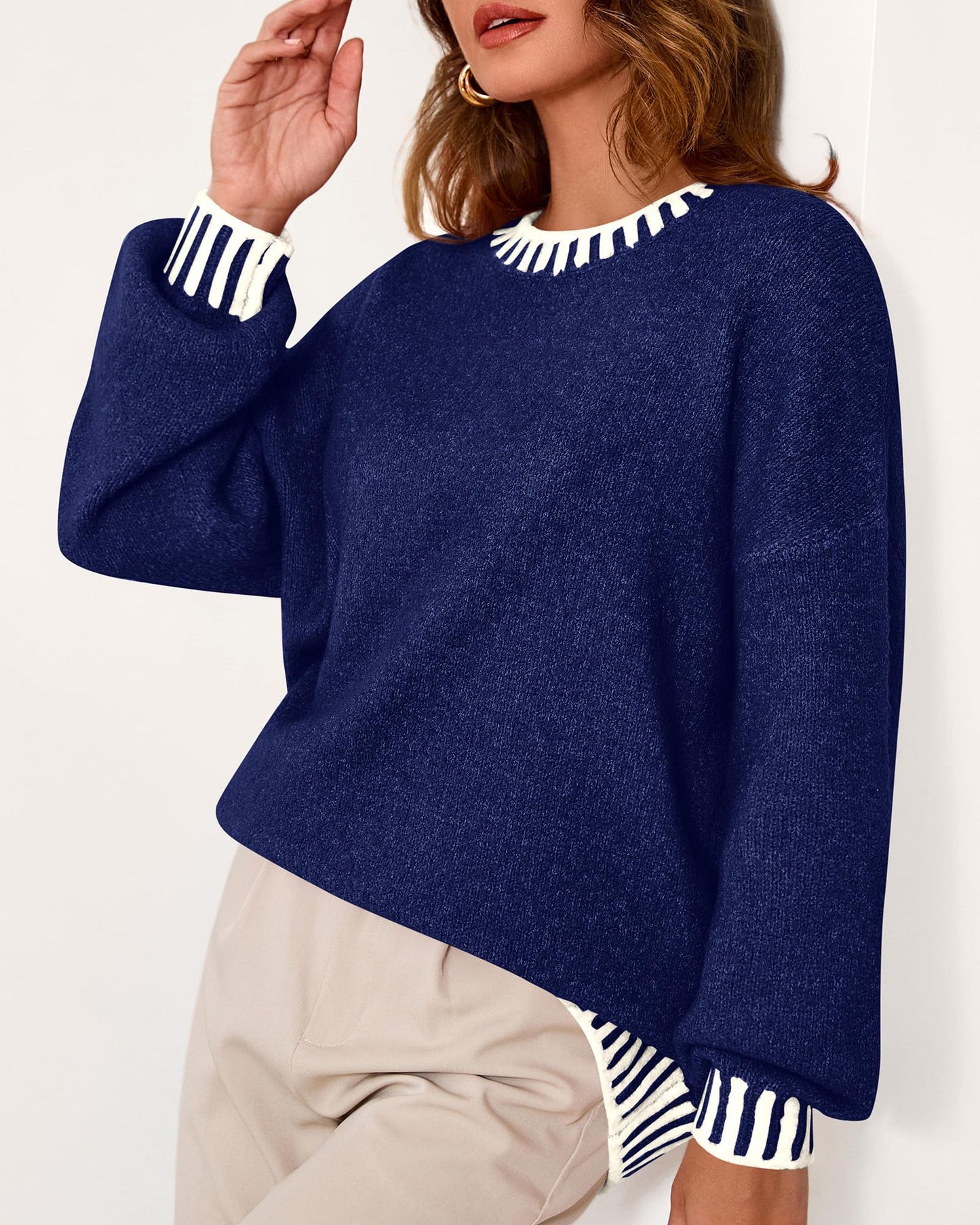 KIRUNDO Oversized Sweaters for Women 2026 Long Sleeve Crewneck Fall Tops Contrast Chunky Knit Pullover Winter Clothes