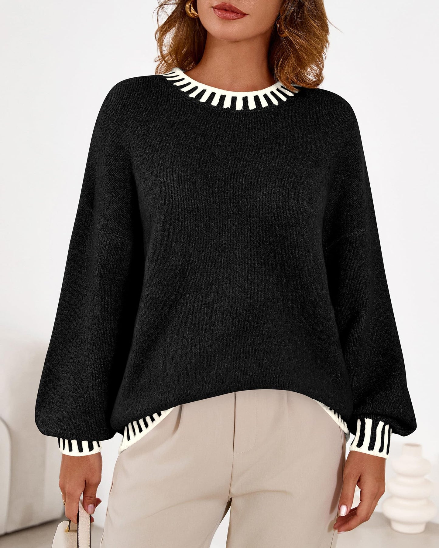 KIRUNDO Oversized Sweaters for Women 2026 Long Sleeve Crewneck Fall Tops Contrast Chunky Knit Pullover Winter Clothes