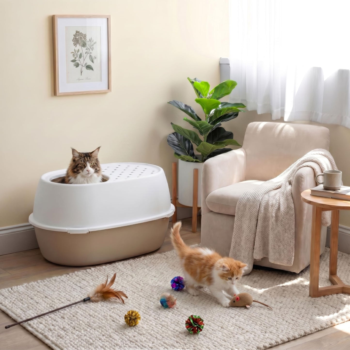 IRIS USA Extra Large Litter Box XXL Open Top High Sided Walls Scatter Shield Scoop Included Easy Clean Plastic Pan for Big Cats Multi-Cat Households 30" L x 20" W x 14" H Black