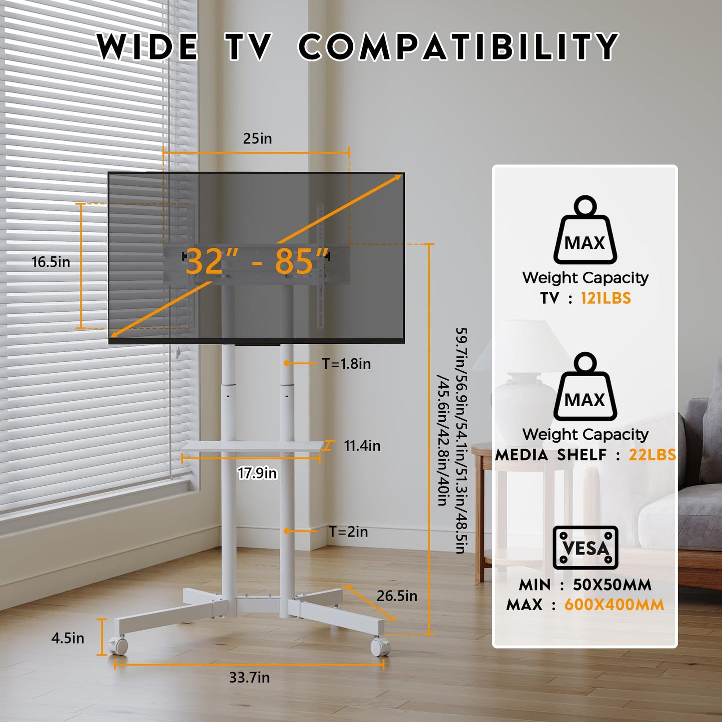 BONTEC Rolling TV Stand with Tilt, Mobile TV Cart for 32–85 Inch LED LCD Flat Curved TVs, Portable Stand with Laptop Shelf, Locking Wheels, Outdoor TV Stand Holds 132 lbs, Max VESA 600x400mm, White