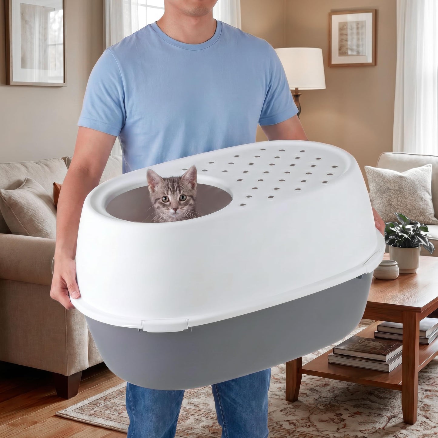 IRIS USA Extra Large Litter Box XXL Open Top High Sided Walls Scatter Shield Scoop Included Easy Clean Plastic Pan for Big Cats Multi-Cat Households 30" L x 20" W x 14" H Black