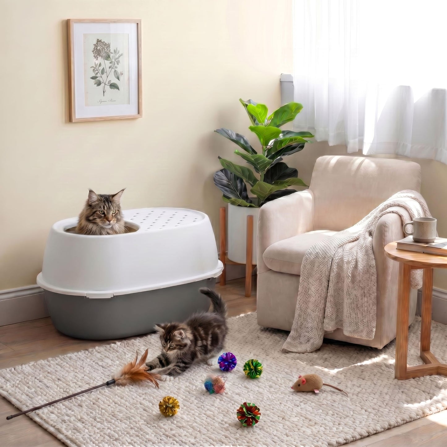 IRIS USA Extra Large Litter Box XXL Open Top High Sided Walls Scatter Shield Scoop Included Easy Clean Plastic Pan for Big Cats Multi-Cat Households 30" L x 20" W x 14" H Black