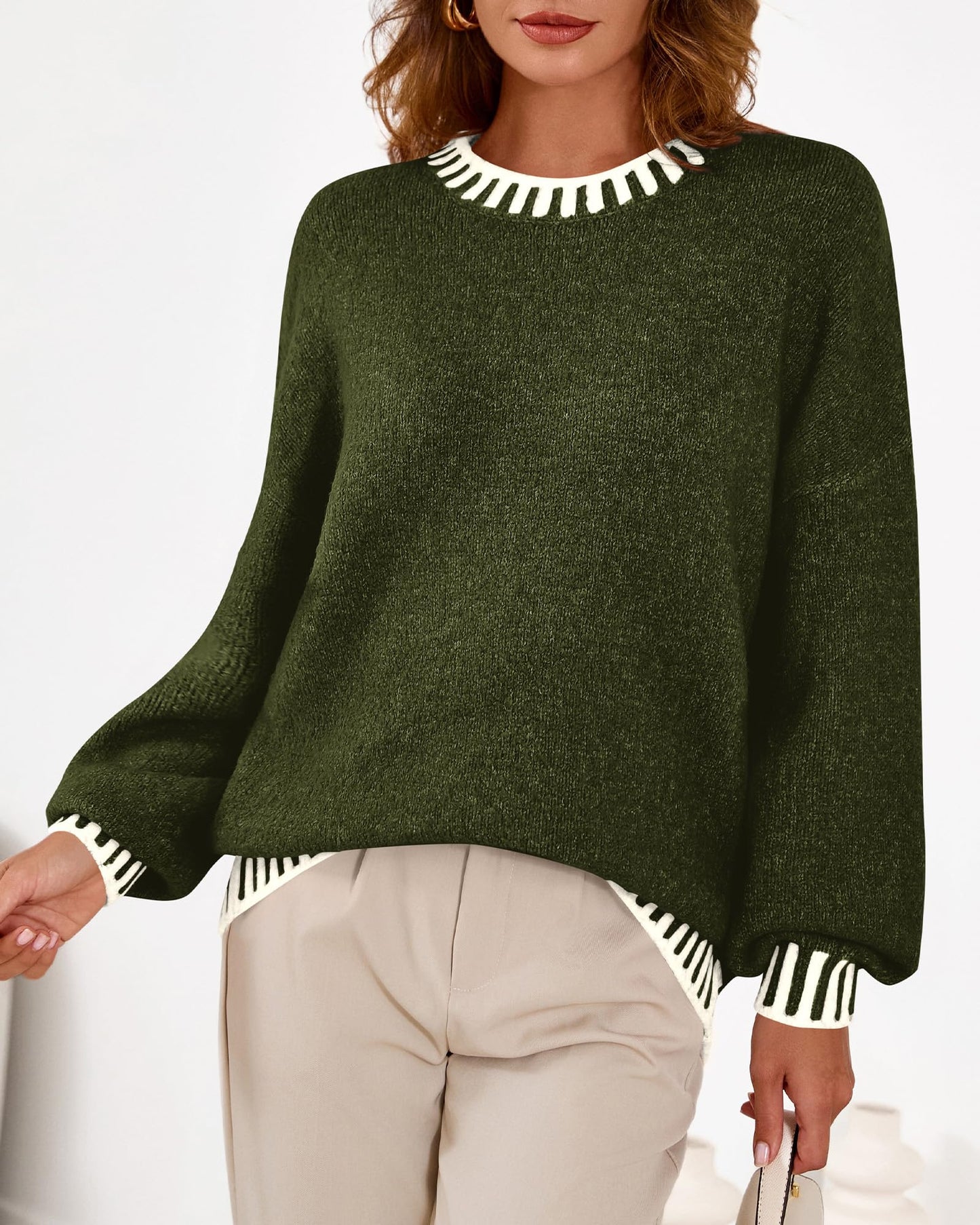 KIRUNDO Oversized Sweaters for Women 2026 Long Sleeve Crewneck Fall Tops Contrast Chunky Knit Pullover Winter Clothes