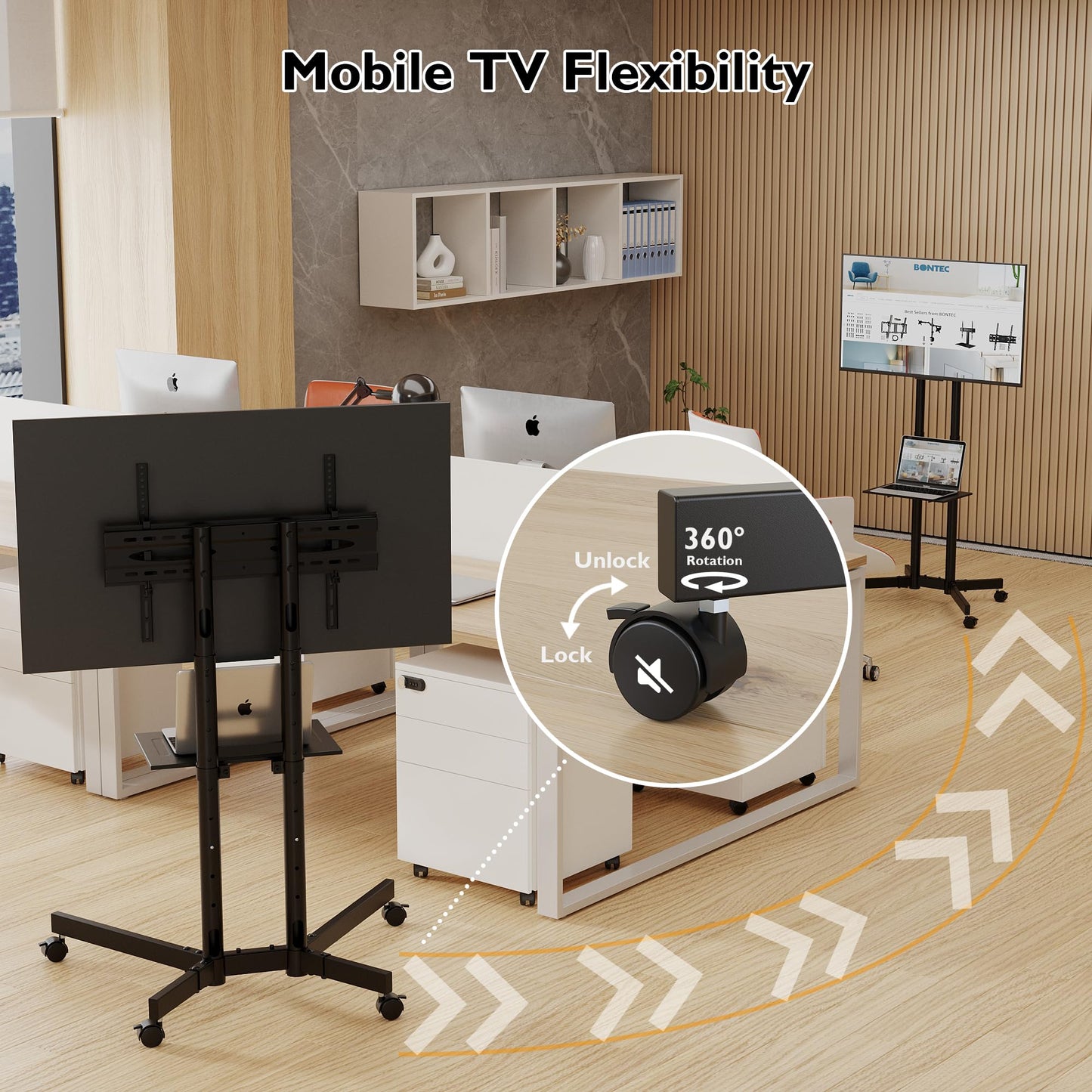 BONTEC Rolling TV Stand with Tilt, Mobile TV Cart for 32–85 Inch LED LCD Flat Curved TVs, Portable Stand with Laptop Shelf, Locking Wheels, Outdoor TV Stand Holds 132 lbs, Max VESA 600x400mm, White