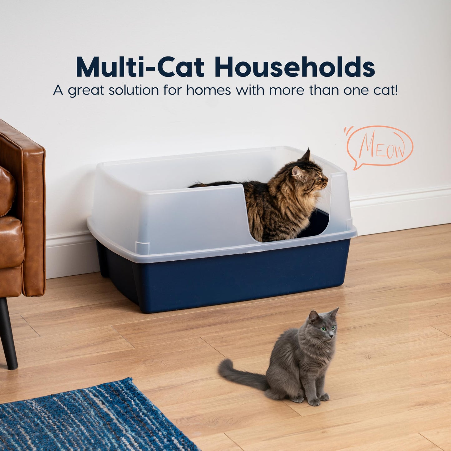 IRIS USA Extra Large Litter Box XXL Open Top High Sided Walls Scatter Shield Scoop Included Easy Clean Plastic Pan for Big Cats Multi-Cat Households 30" L x 20" W x 14" H Black