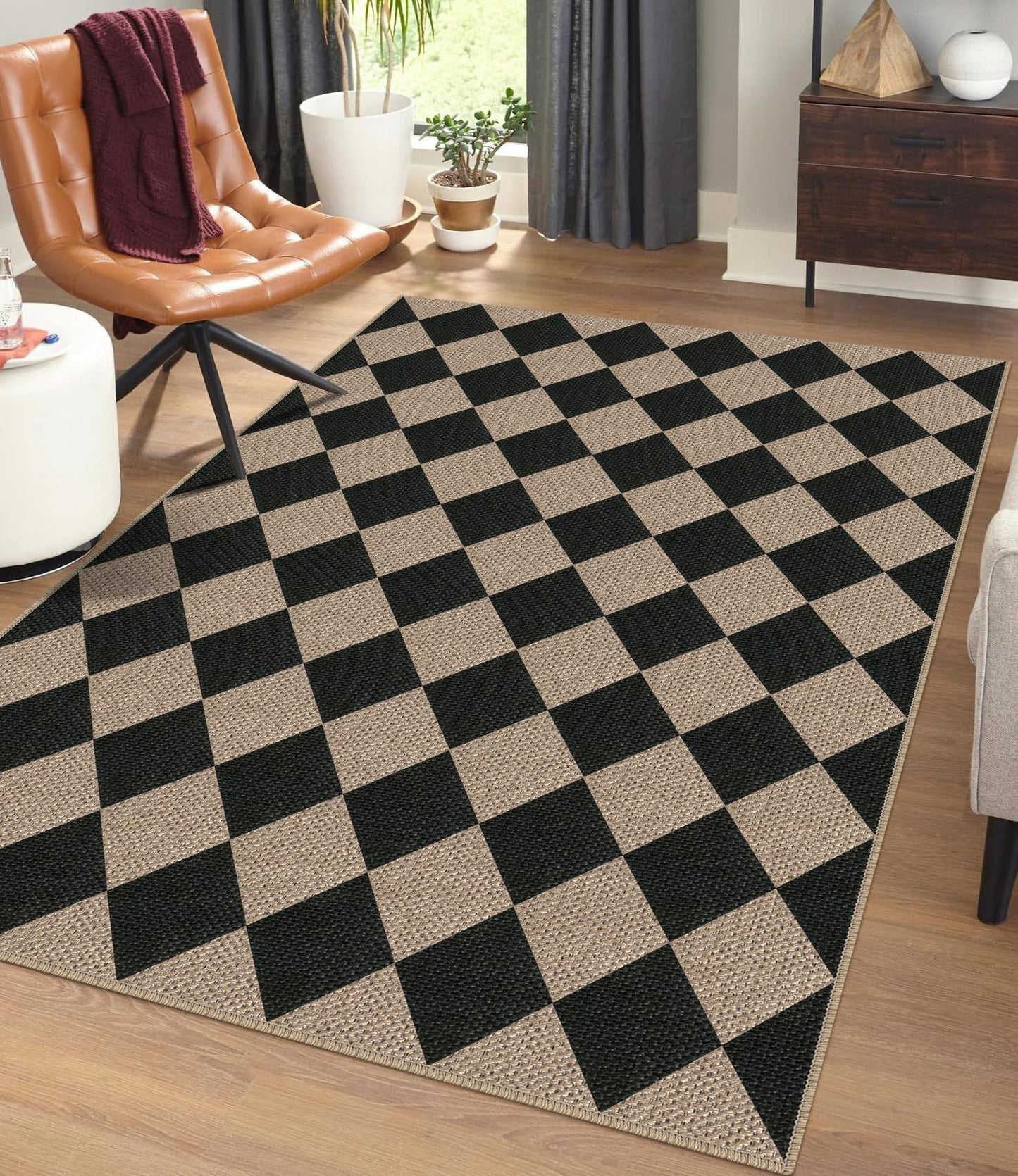 Rugalia Easy Jute Checkered Entryway Rug, 2x3 Black Modern Indoor Outdoor Doormat, Washable Non-Slip Neutral Small Kitchen Rug Farmhouse Diamond Throw Rugs for Entrance Bedroom Bathroom