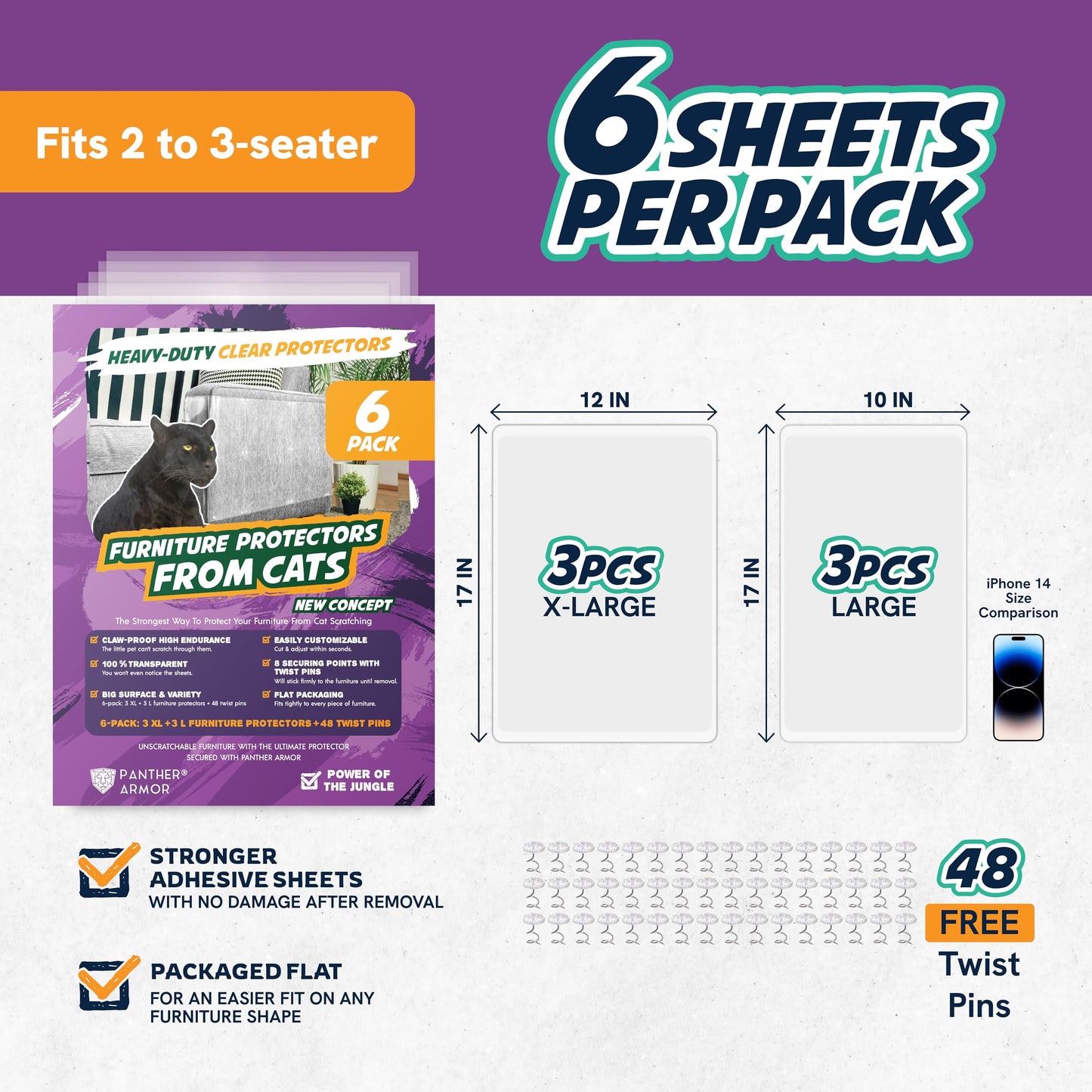 8 Pack Cat Scratch Furniture Protector Sheets – Matte Finish Couch & Sofa Guard from Cat Claws – Easy Apply, Removable, with Twist Pins (4 XL + 4 Large)