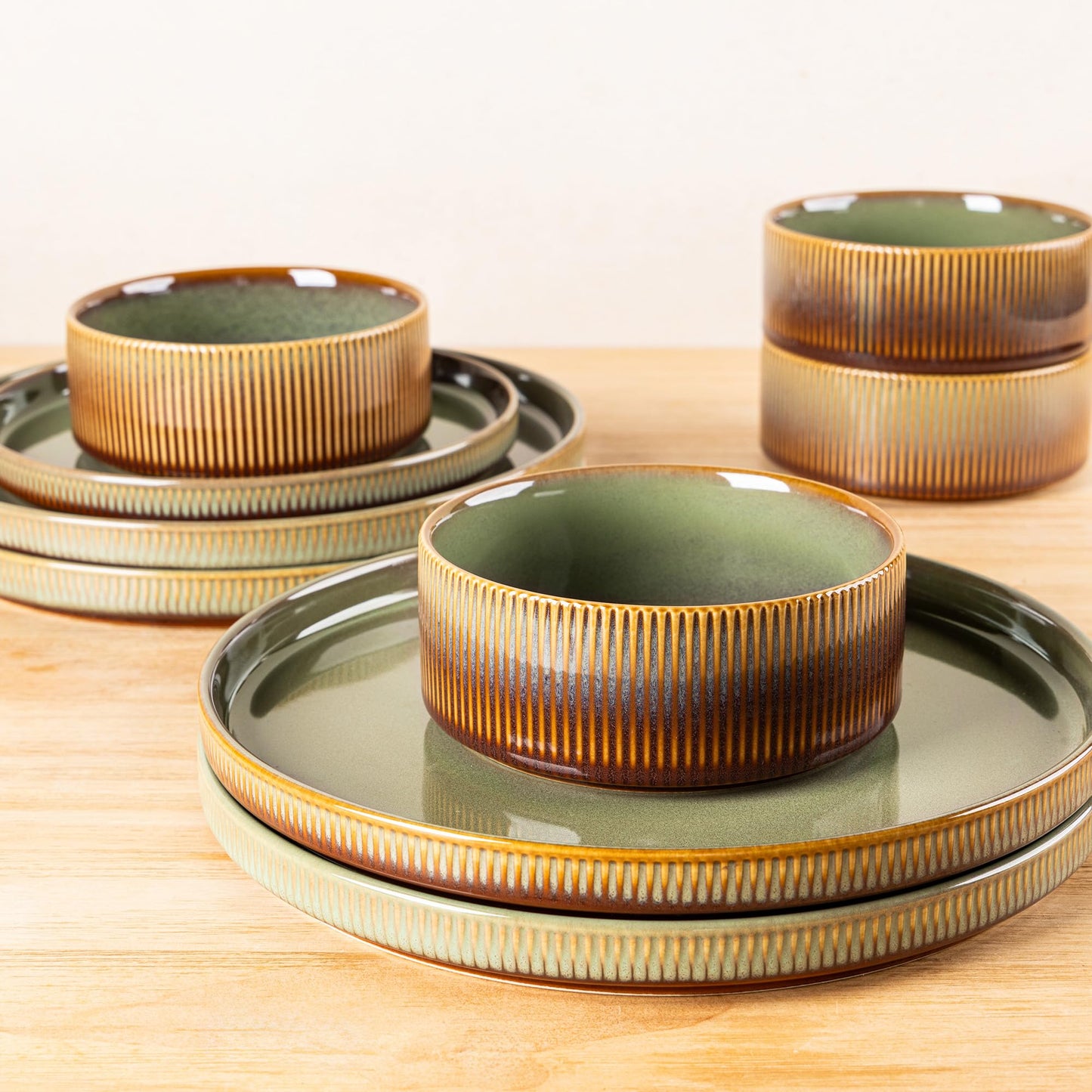 TheTerra Ceramic Dinnerware Sets for 4, 12 Pieces Porcelain Lightweight Plates and Bowls Sets, Scratch Resistant Dish Set, Oven & Microwave & Dishwasher Safe, Beige
