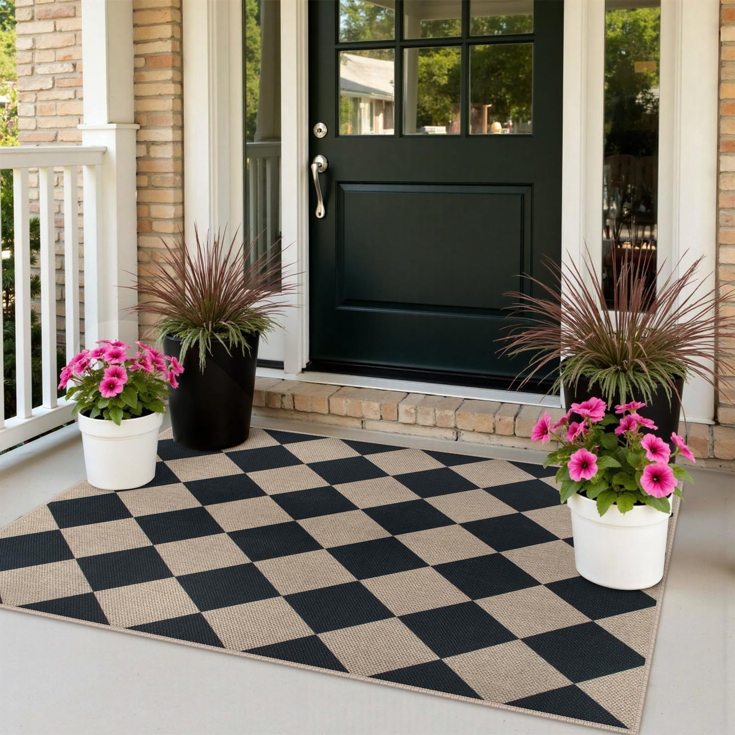 Rugalia Easy Jute Checkered Entryway Rug, 2x3 Black Modern Indoor Outdoor Doormat, Washable Non-Slip Neutral Small Kitchen Rug Farmhouse Diamond Throw Rugs for Entrance Bedroom Bathroom