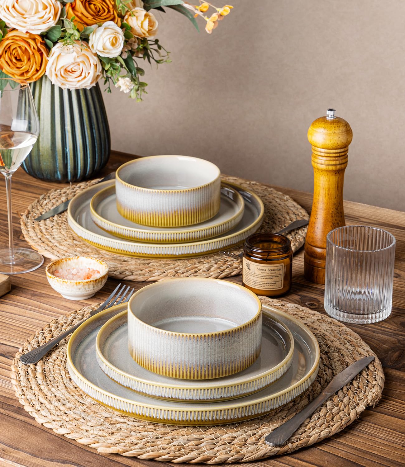 TheTerra Ceramic Dinnerware Sets for 4, 12 Pieces Porcelain Lightweight Plates and Bowls Sets, Scratch Resistant Dish Set, Oven & Microwave & Dishwasher Safe, Beige