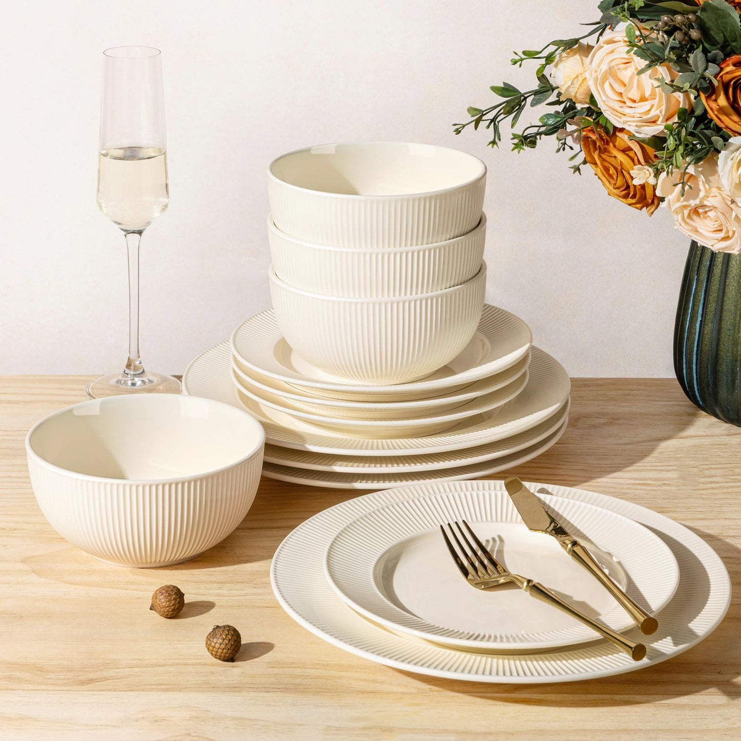TheTerra Ceramic Dinnerware Sets for 4, 12 Pieces Porcelain Lightweight Plates and Bowls Sets, Scratch Resistant Dish Set, Oven & Microwave & Dishwasher Safe, Beige