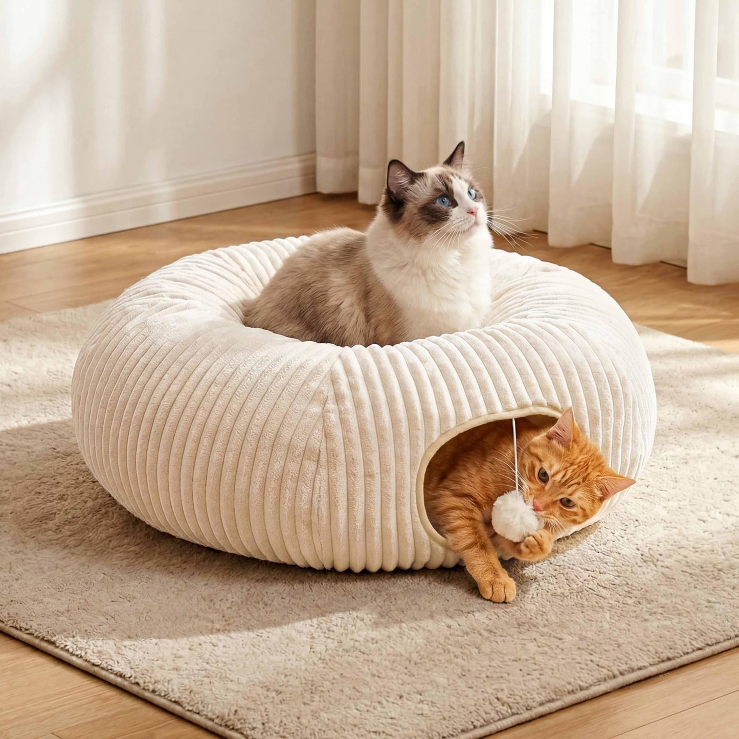 Cat Tunnel Bed with 40 Pcs Interactive Cat Toys, Cat Tube with Kitten Toys for Indoor Kittens, Collapsible Play Tunnel, White