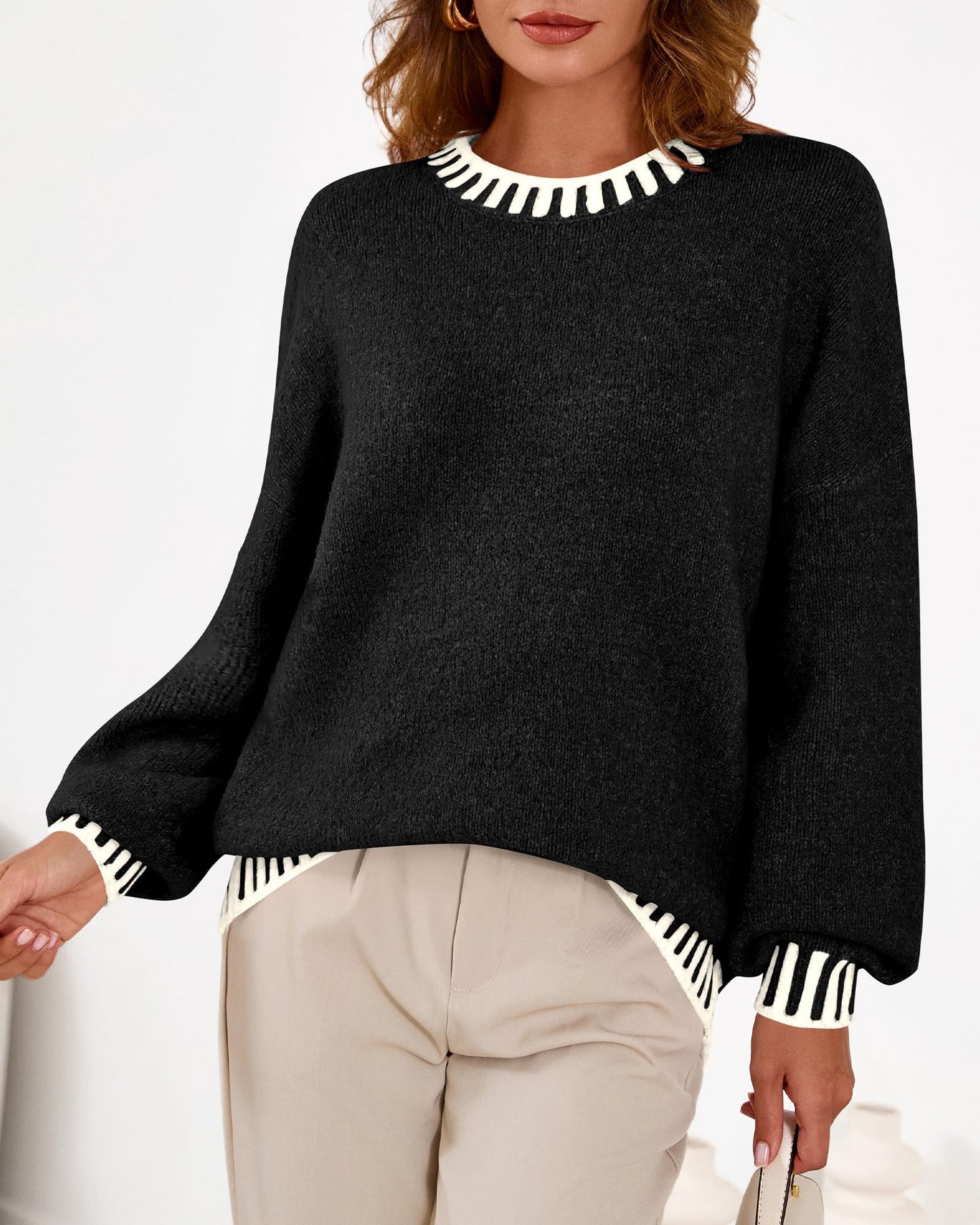KIRUNDO Oversized Sweaters for Women 2026 Long Sleeve Crewneck Fall Tops Contrast Chunky Knit Pullover Winter Clothes