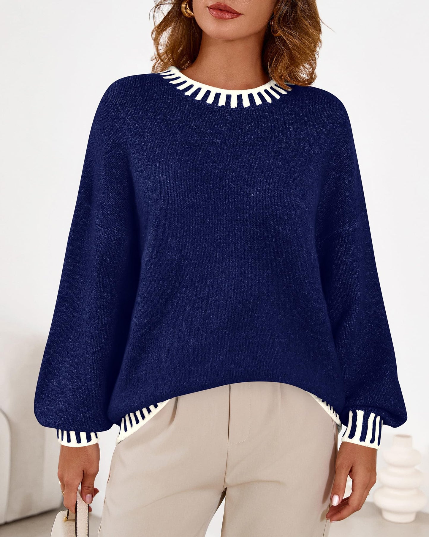 KIRUNDO Oversized Sweaters for Women 2026 Long Sleeve Crewneck Fall Tops Contrast Chunky Knit Pullover Winter Clothes